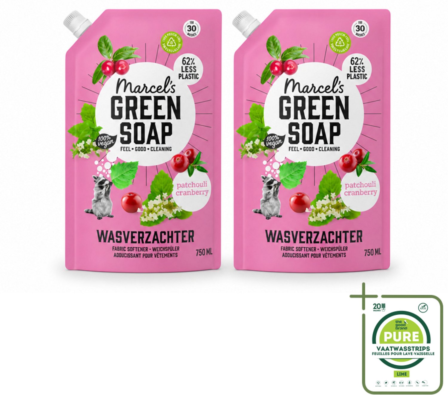 2 x Marcel’s Green Soap – Wasverzachter – Patchouli & Cranberry - Navulling – 750 ml - Grootverpakking - Vaatwasstrips - Wasverzachter - Navulling - Patchouli - Cranberry - Wasverzachter Navulling