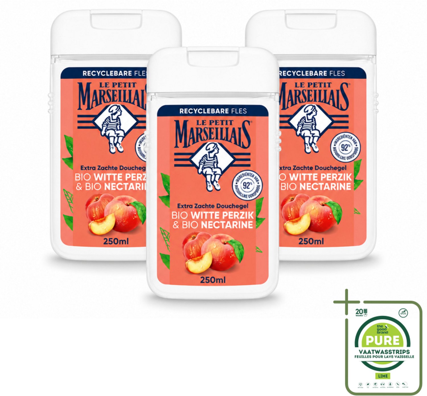 3 x Le Petit Marseillais – Douchegel – Bio Perzik & Nectarine – Verfrissend – 250 ml - Grootverpakking - Vaatwasstrips - Douchegel Bio Perzik En Nectarine - Frisse Douchegel - Bio Douchegel - Fruitige Douchegel - Perzik En Nectarine Douchegel