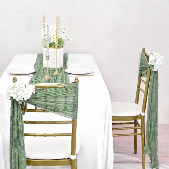 2 stuks vintage boho-stoelsjerp, 40 x 275 cm, voile, mousseline, strikken, stoelhoes, plooien, kaasdoek, stoel, rug, bogen, tule, stoelstrik, stoelbekleding voor bruiloft, feest, decoratie — afbeelding 2