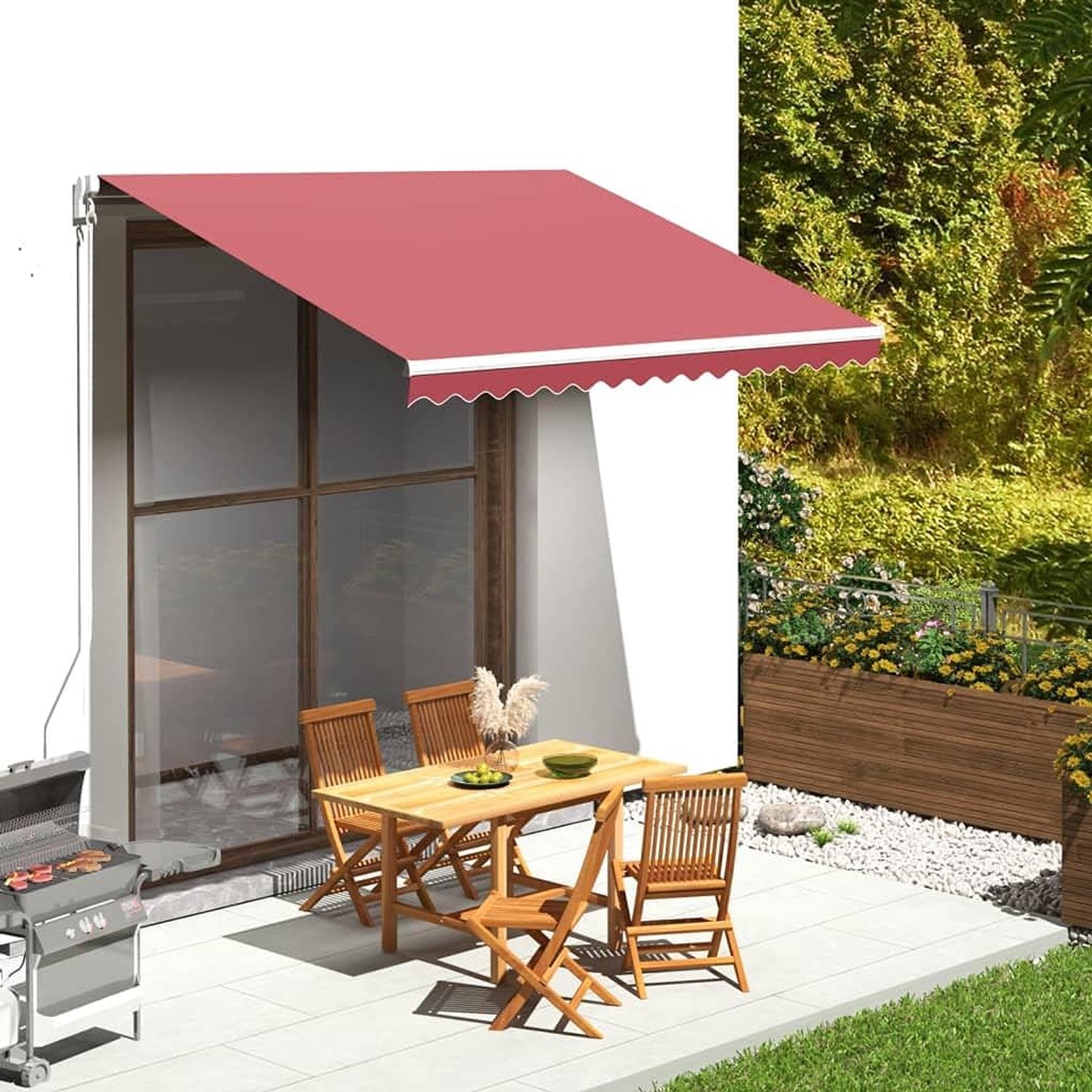 Luifelbespanning, bordeauxrood, 3,5 x 2,5 m, vervangingsstof van uv-bestendig polyester met volant, lichtechte terras-zonwering voor binnenplaats en tuin, geschikt voor bestaande
