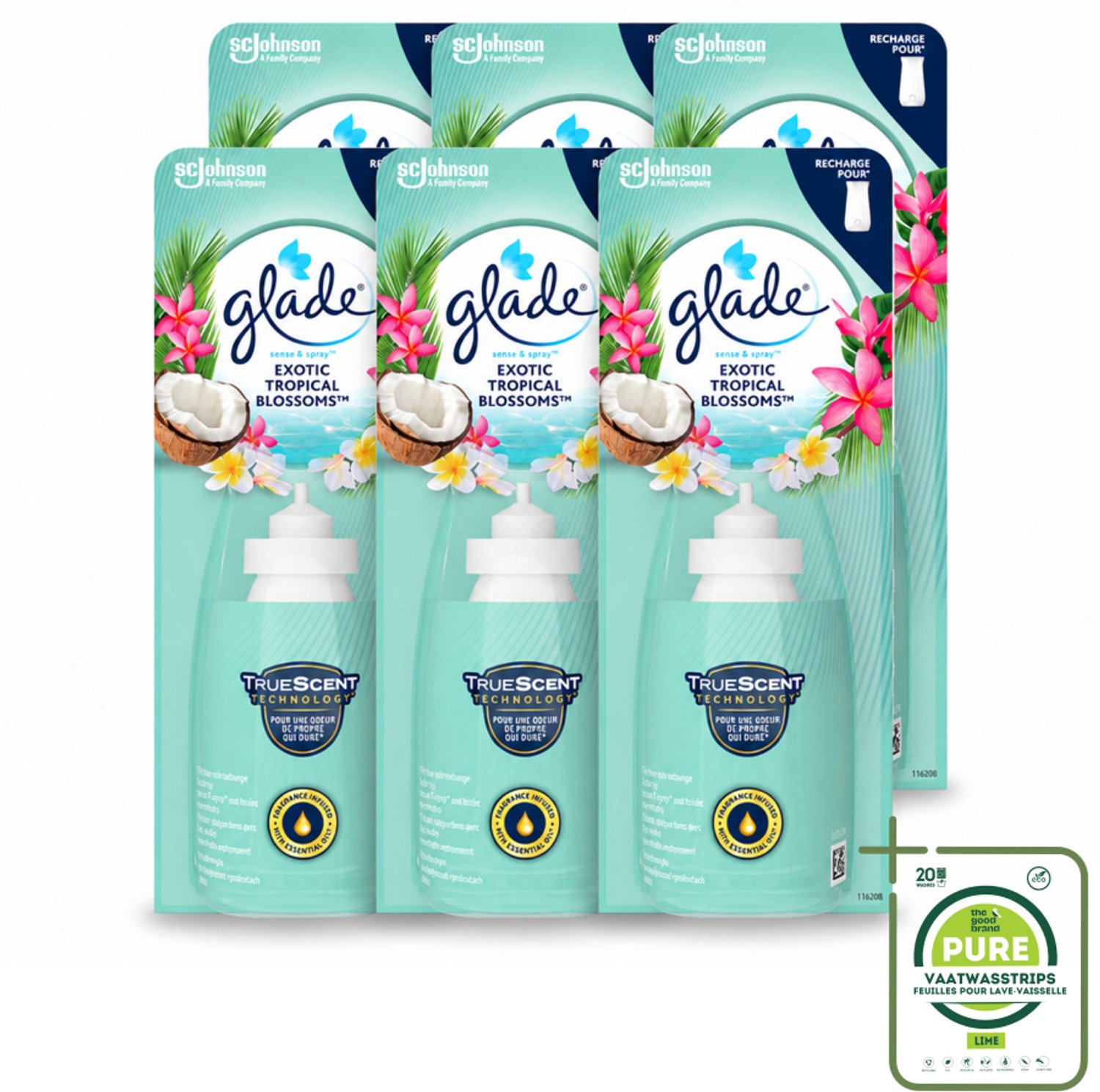 6 x Glade – Sense & Spray Navulling – Exotic Tropical Blossoms – 18 ml - Grootverpakking - Tropische Geur - Bewegingssensor - Kokos En Bloemen - Luchtverfrisser - Exotische Geur