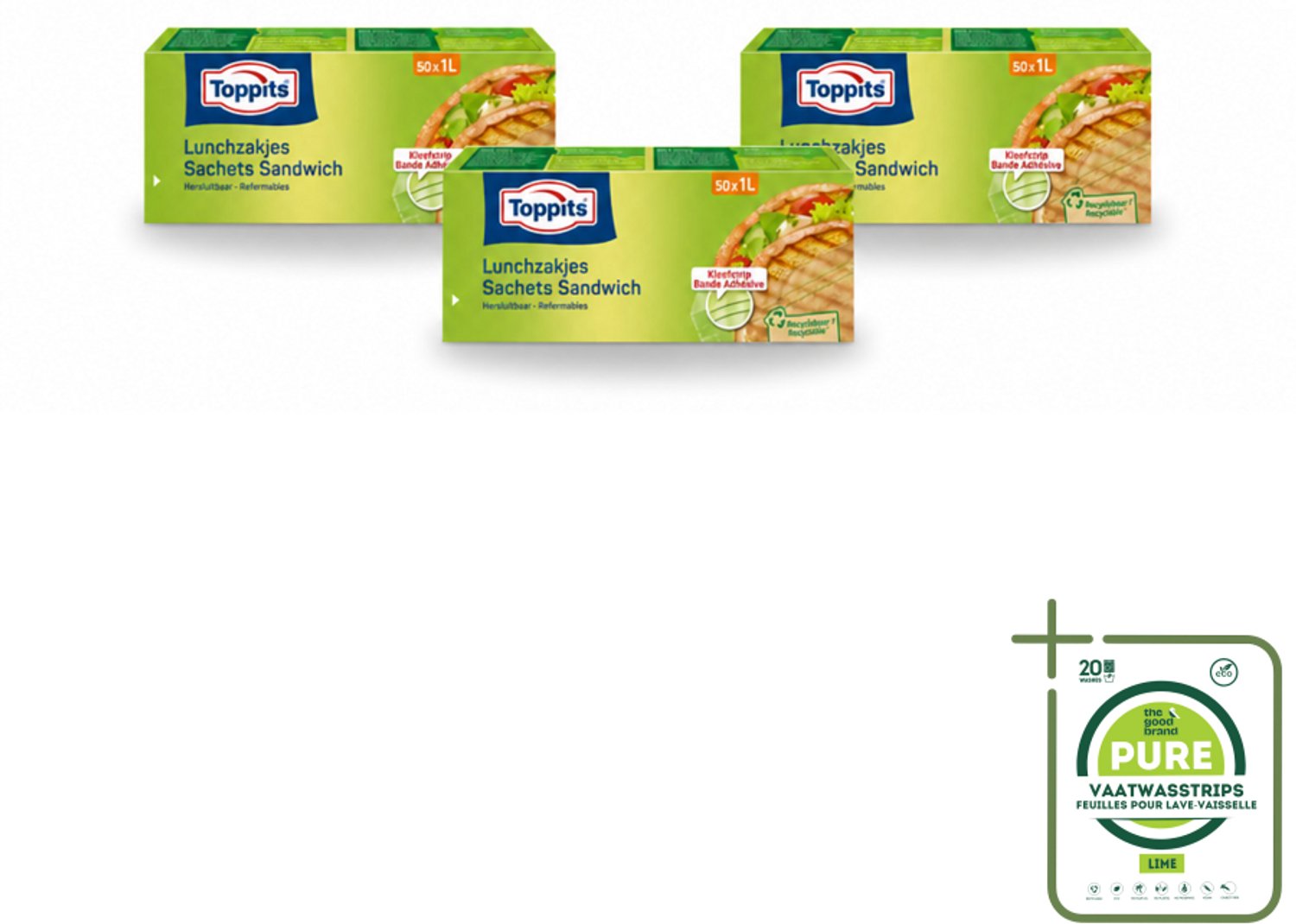 3 x Toppits – Lunchzakjes – Hersluitbaar – 1 Liter – 50 Zakjes - Grootverpakking - Vaatwasstrips - Sandwichzakjes - Lunchzakjes - Snacks - Broodjes - Fruit
