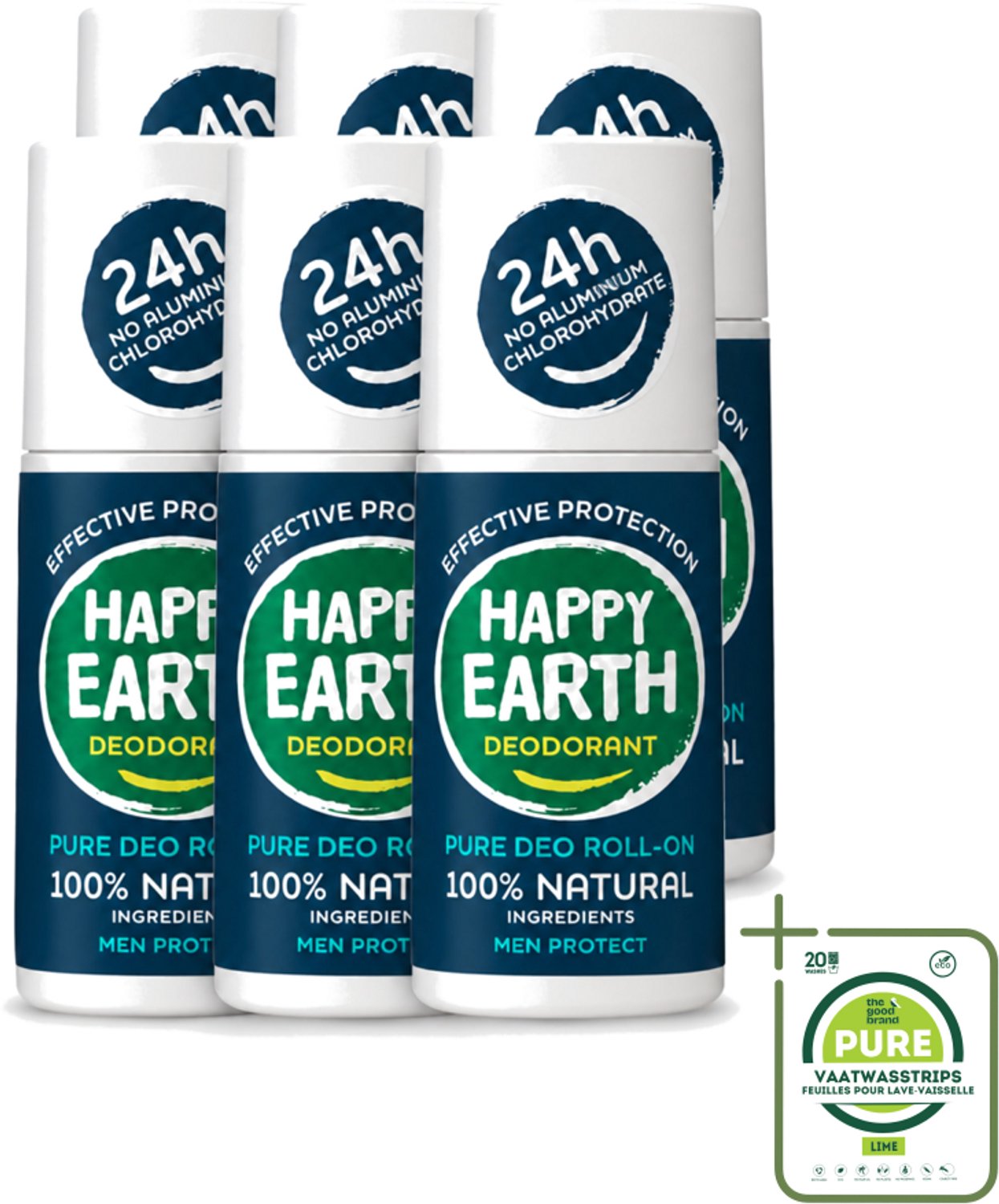 6 x Happy Earth – Deodorant Roll-On – 100% Natuurlijk Men Protect – 75 ml - Grootverpakking - Natuurlijke Deodorant Voor Mannen - Frisse Geur - Deodorant Zonder Aluminium - Huidvriendelijk - Vegan Deodorant