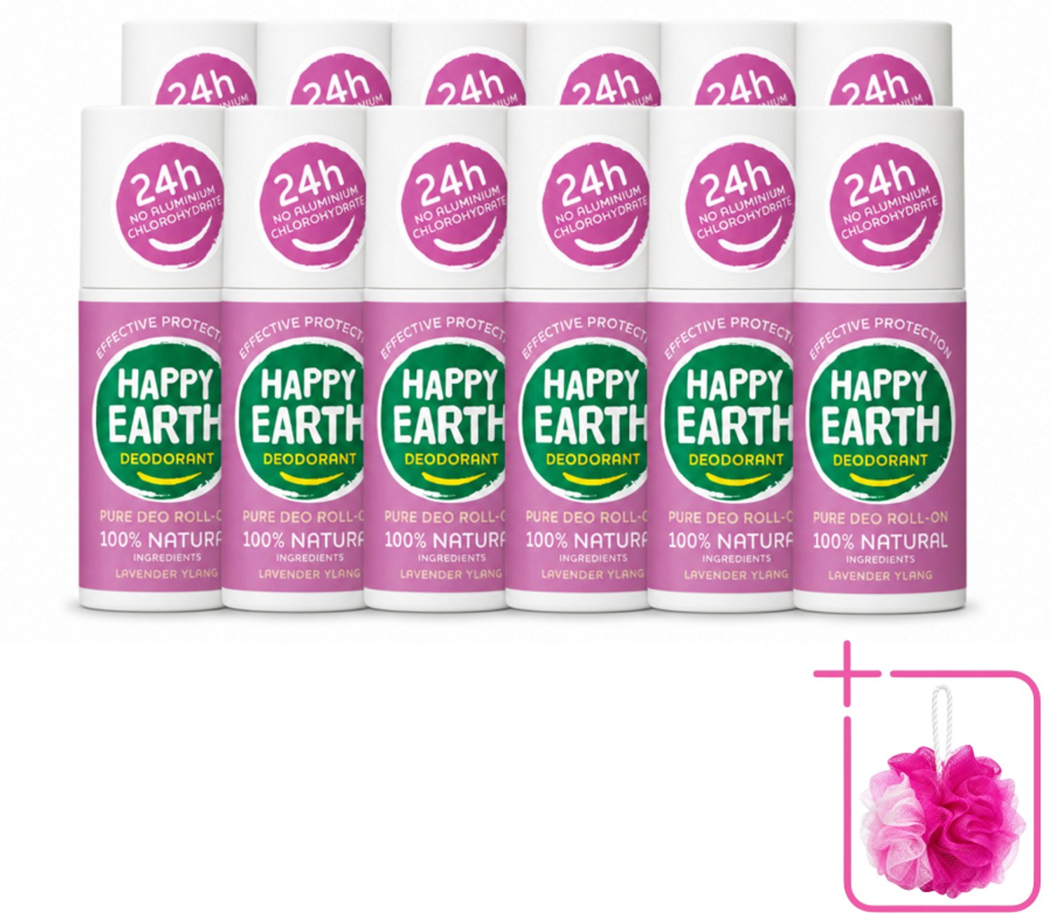 12 x Happy Earth – Deodorant Roll-On – 100% Natuurlijk Lavender Ylang – 75 ml - Bulkverpakking - Natuurlijke deodorant - Douchemop - Frisse geur