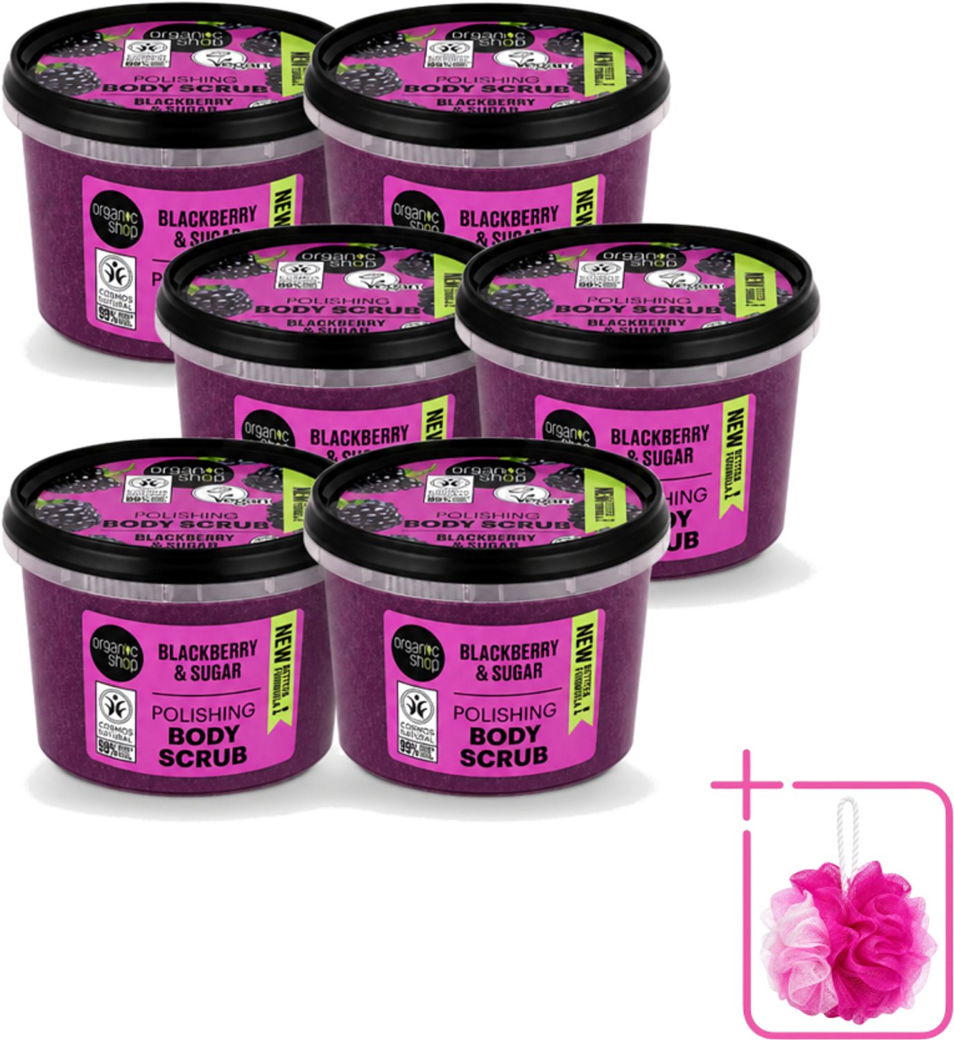 6 x Organic Shop - Body Scrub Blackberry - Verfrissend en Hydraterend - 250 ml - Bulkverpakking - Bodyscrub - Douchemop - Exfoliatie