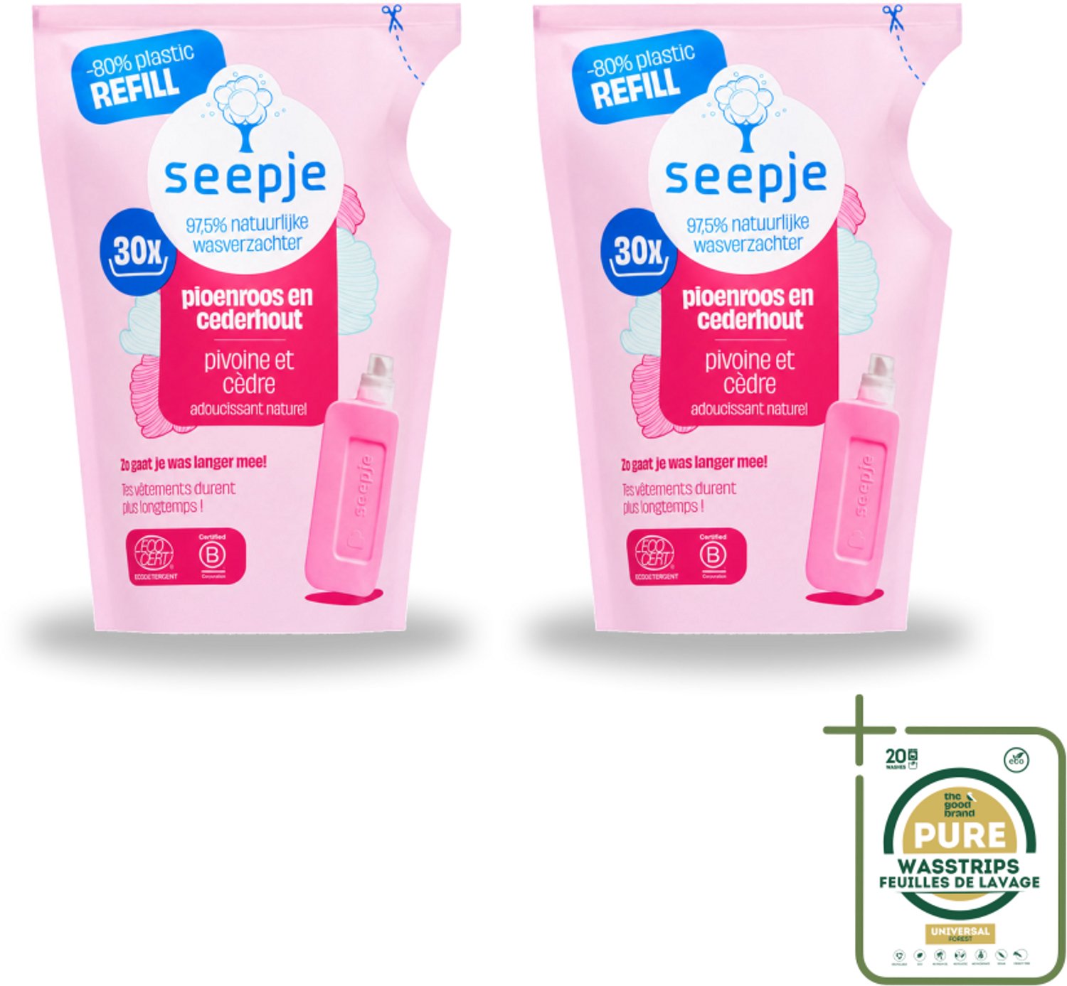 2 x Seepje - Wasverzachter - Duurzaam & Frisse Geur - Navulling - Pioenroos en Cederhout - 30 Wasbeurten - 750 ml - Wasstrips - Wasverzachter - Natuurlijke Wasverzachter - Pioenroos En Cederhout - Wasverzachter Navulling - Duurzaam Wasverzachter