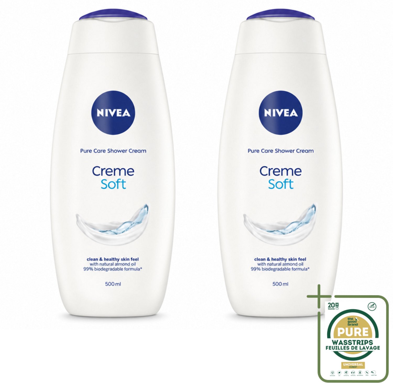 2 x NIVEA - Douchecrème - Zacht - Huidbeschermend - Amandelolie - 500 ml - Wasstrips - Douchecrème - Huid Verzorging - Amandelolie - Zijdezachte Huid - Milde Reiniging