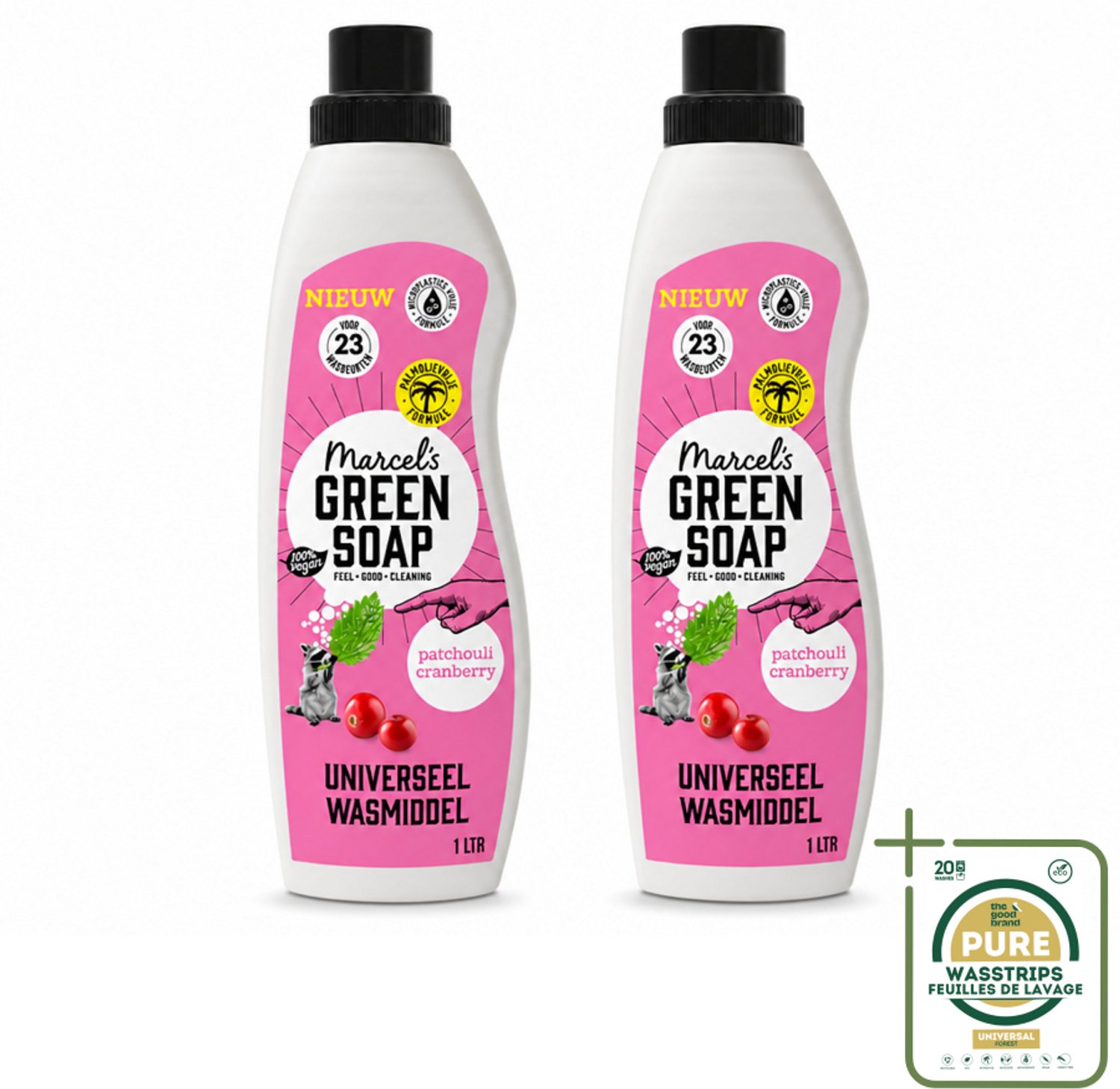2 x Marcel's Green Soap - Vloeibaar Wasmiddel - Patchouli & Cranberry - Effectief & natuurlijk - 23 Wasbeurten - 1 liter - Wasstrips - Wasmiddel - Natuurlijk Wasmiddel - Zeep Wasmiddel - Milieuvriendelijk Wasmiddel - Plantaardig Wasmiddel