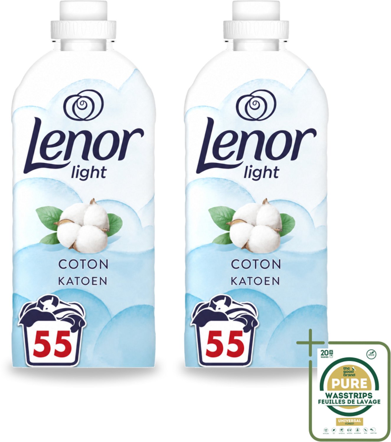 2 x Lenor Light - Wasverzachter - Katoen - Fris & Zacht - 55 Wasbeurten - Wasstrips - Wasverzachter Katoen - Wasverzachter Fris - Wasverzachter Milde - Wasverzachter Zacht - Wasverzachter Bloemig