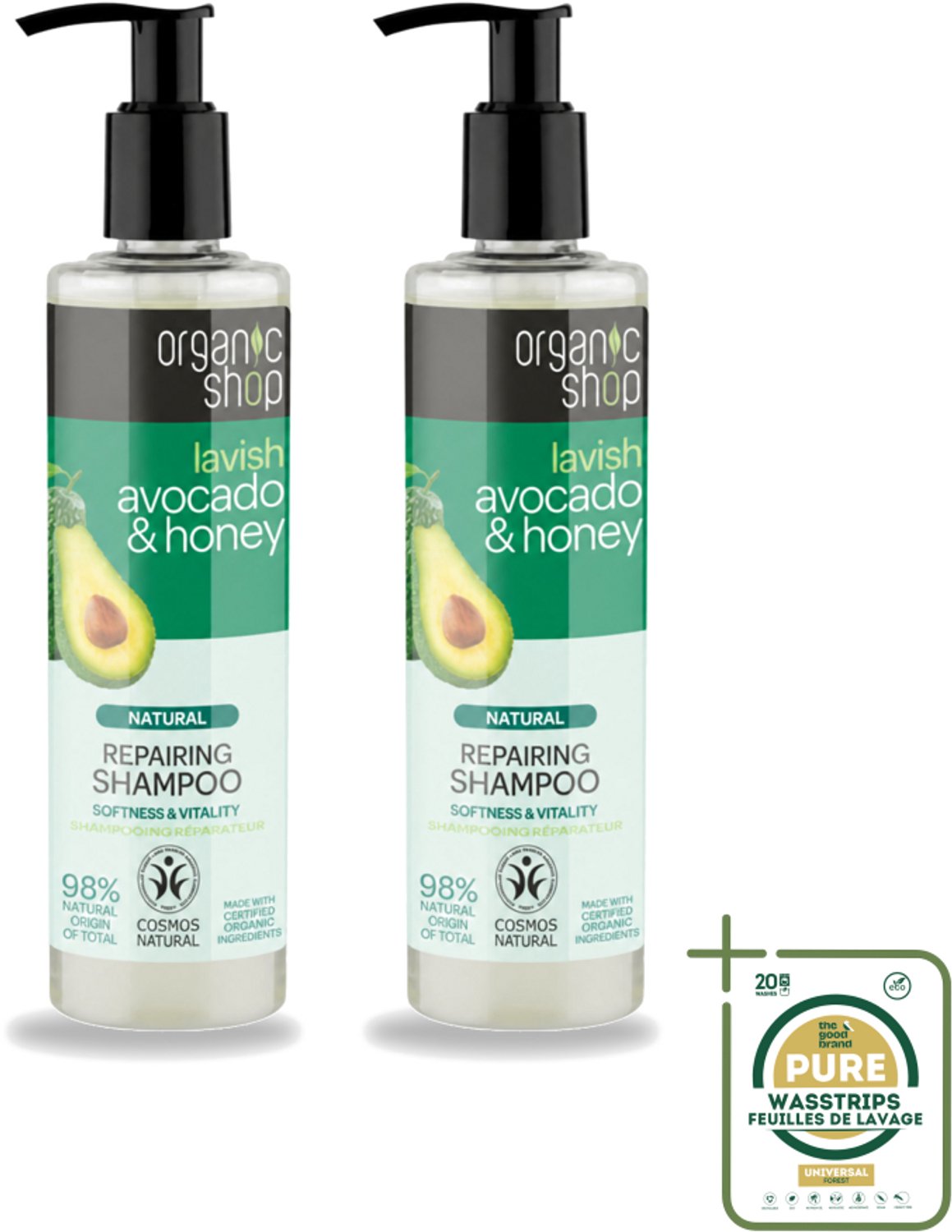 2 x Organic Shop - Natural Repairing Shampoo - Avocado & Honey - Hydraterend en Herstellend - 280 ml - Wasstrips - Avocado En Honing Shampoo - Herstellend Haar - Hydraterend Haar - Beschadigd Haar - Pluis Haar