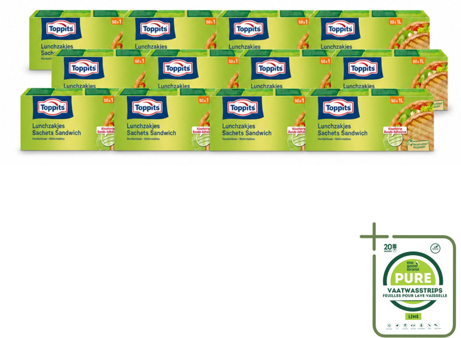 12 x Toppits – Lunchzakjes – Hersluitbaar – 1 Liter – 50 Zakjes - Grootverpakking - Vaatwasstrips - Sandwichzakjes - Lunchzakjes - Snacks - Broodjes - Fruit