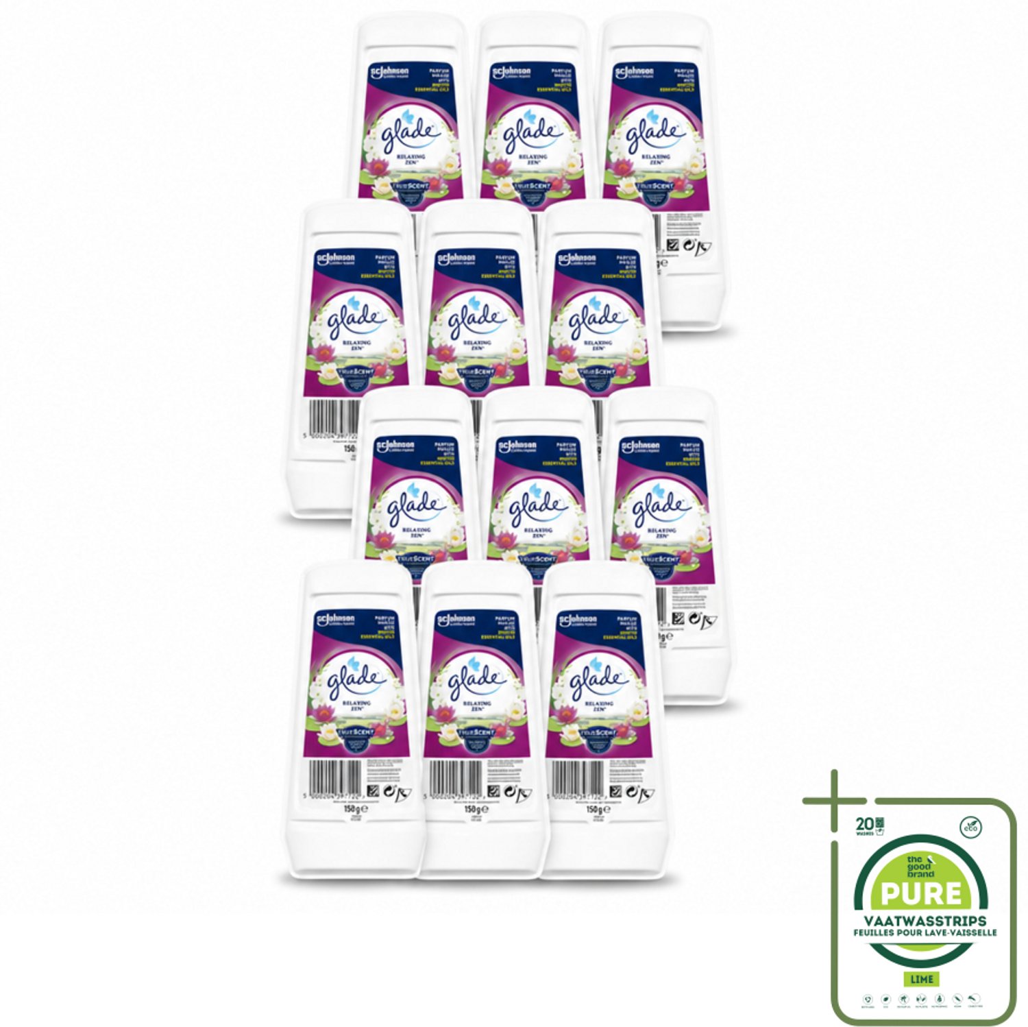 12 x Glade – Luchtverfrisser Gel – Relaxing Zen – 150 g - Grootverpakking - Luchtverfrisser - Ontspannende Geur - Frisse Geur - Geur Neutraliseren - Essentiële Oliën