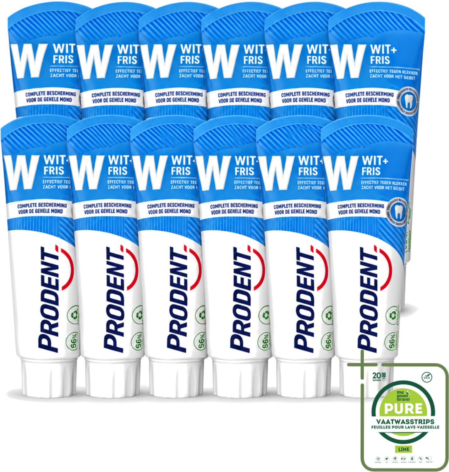 12 x Prodent – Tandpasta – Wit + Fris – Complete Bescherming – 75 ml - Grootverpakking - Vaatwasstrips - Tandpasta - Glazuur Bescherming - Vlekverwijdering - Wittere Tanden - Mondverzorging