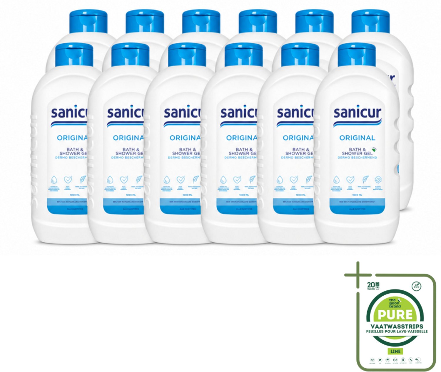 12 x Sanicur – Bad & Douchegel – Original – 1000 ml - Grootverpakking - Vaatwasstrips - Bad En Douche Gel - Huidverzorging - Vochtregulerend - PH-huidneutraal - Huidbeschermend
