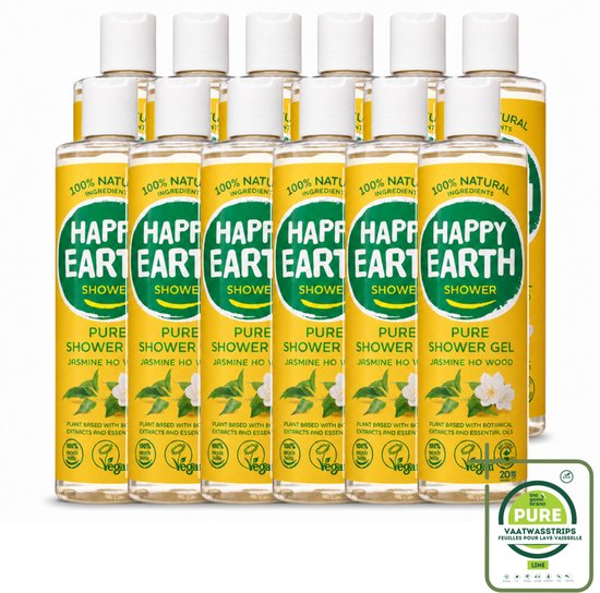 Een reeks van 10 flessen Happy Earth douchegel met jasmijn en ho wood. De flessen zijn transparant met gele etiketten.