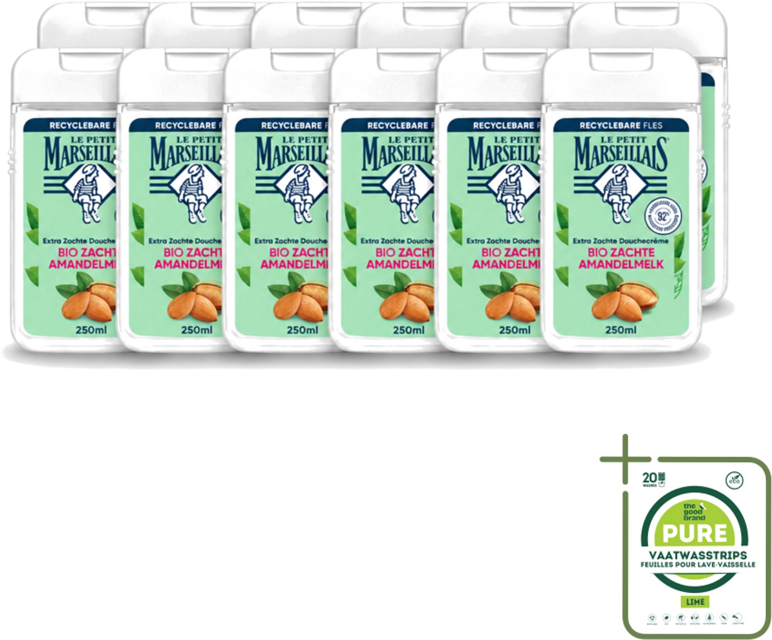 12 x Le Petit Marseillais – Douchecrème – Zoete Amandel – Hydraterend – 250 ml - Grootverpakking - Vaatwasstrips - Douchecrème - Amandel - Hydraterend - Voedend - Zachte Reiniging