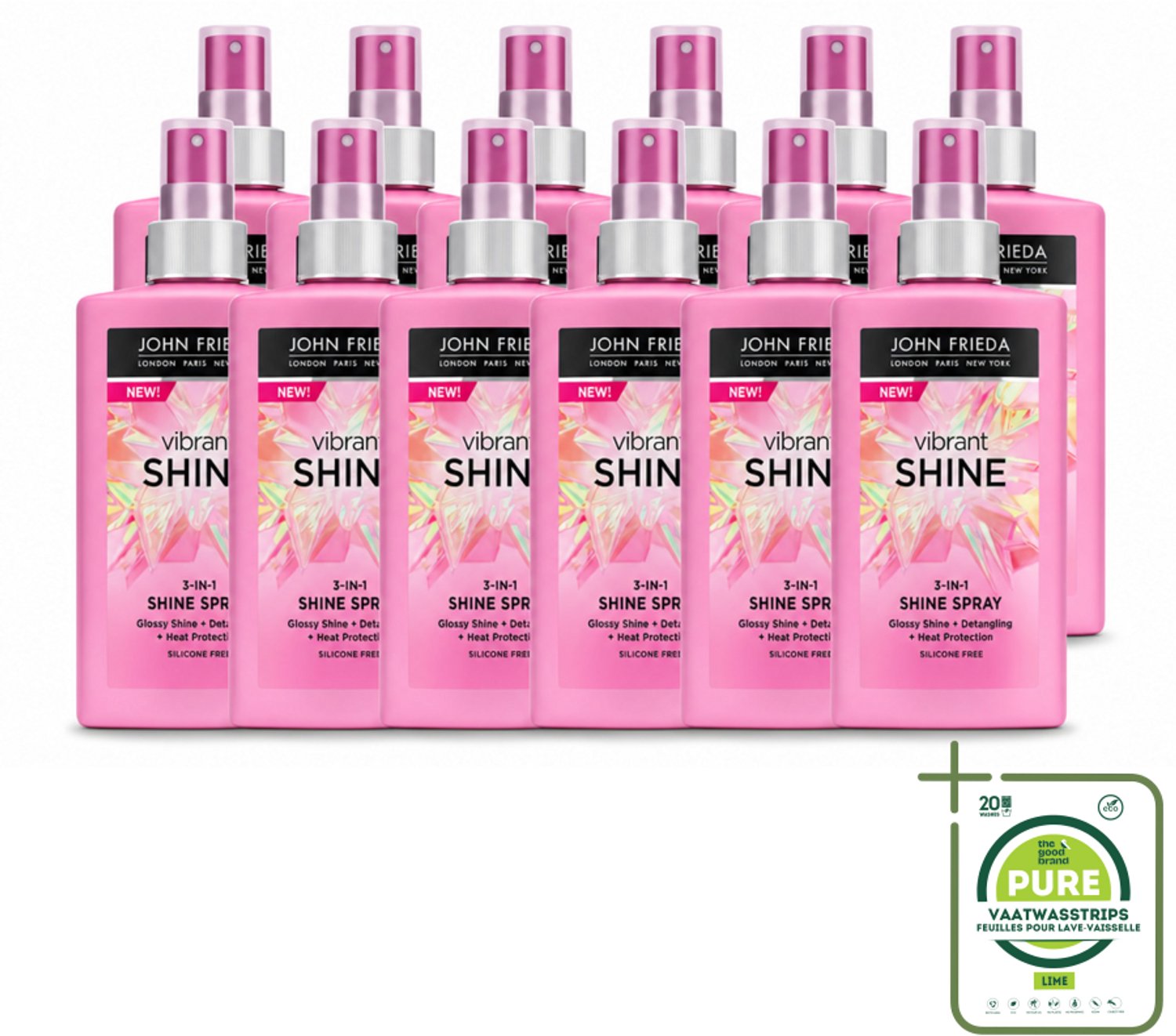 12 x John Frieda – Haarspray – Vibrant Shine Colour 3-in-1 Shine Spray – Glansversterkend – 150 ml - Grootverpakking - Glans Spray - Haarkleur - Hittebescherming - Arganolie - 3-in-1 Spray