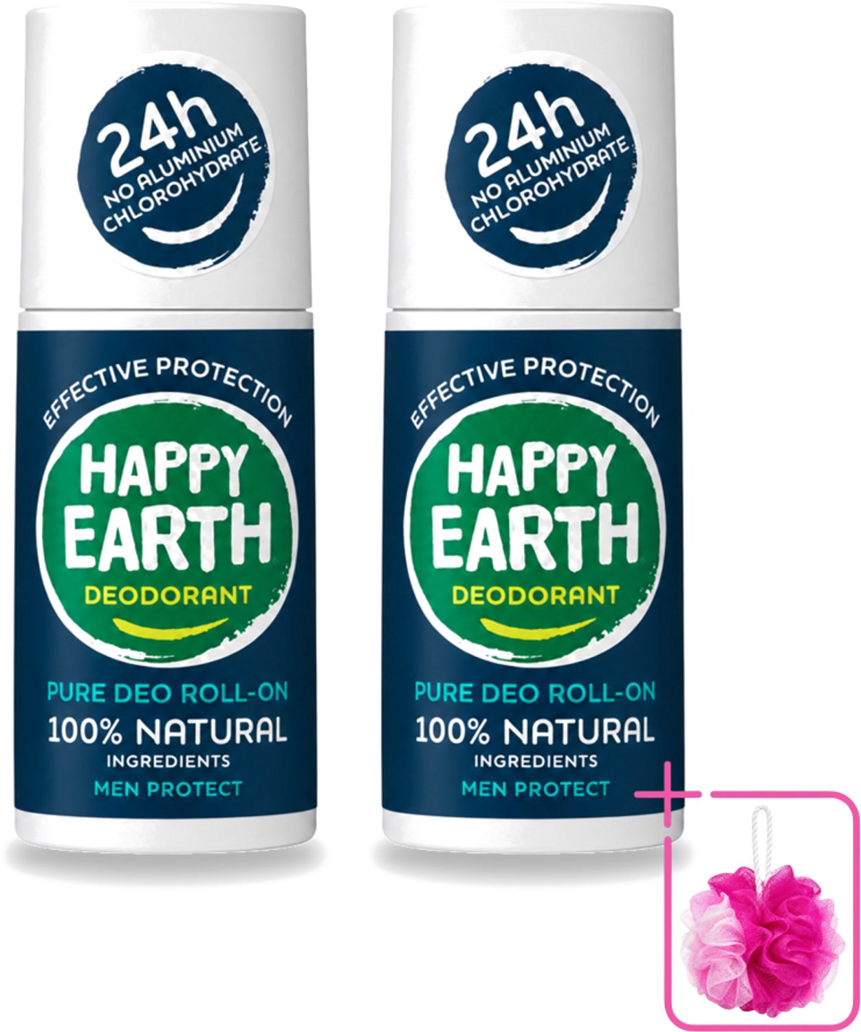 2 x Happy Earth – Deodorant Roll-On – 100% Natuurlijk Men Protect – 75 ml - Bulkverpakking - Natuurlijke deodorant voor mannen - Douchemop - Frisse geur