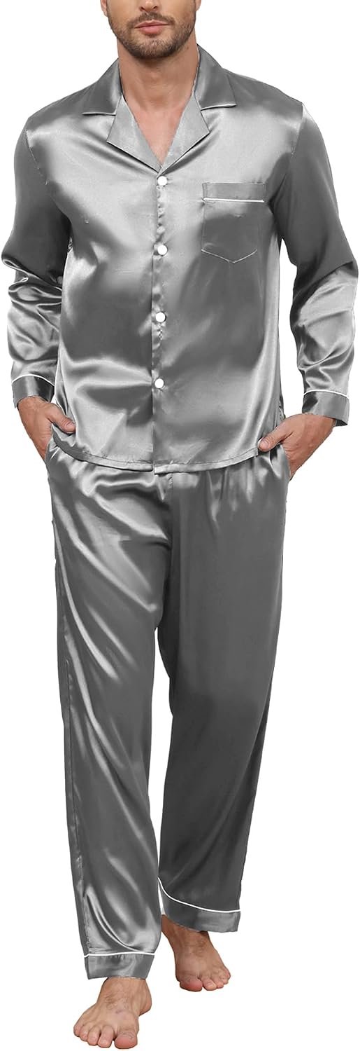 Herenpyjama van zijdesatijn, tweedelige complete set met overhemd met lange mouwen en knopen en elegante broek met zakken luxe homewear