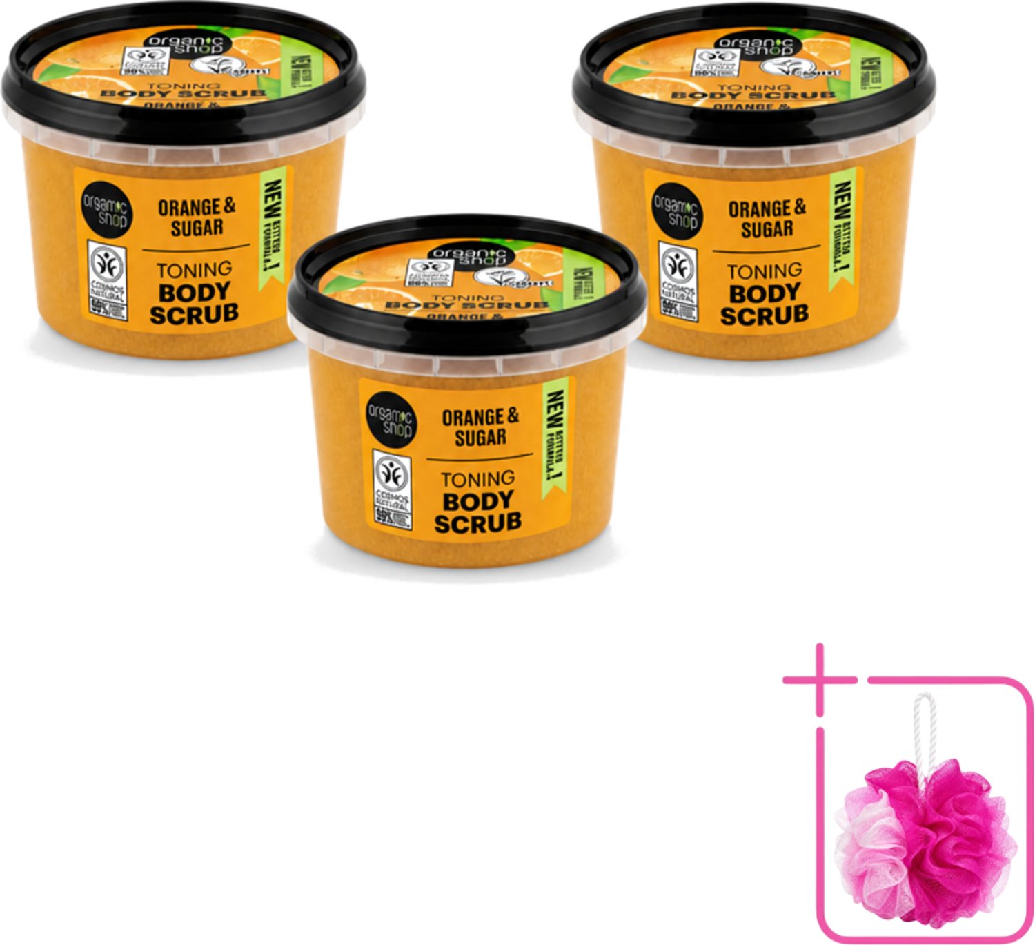 3 x Organic Shop - Body Scrub Orange - Verzorgend en Geurend - 250 ml - Bulkverpakking - Bodyscrub - Douchemop - Huidverzorging