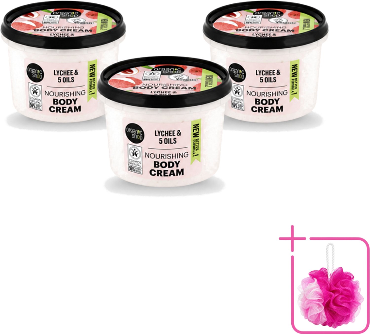 3 x Organic Shop - Nourishing Body Cream Lychee - Hydraterend en Voedend - 250 ml - Bulkverpakking - Hydratatie - Douchemop - Voeding