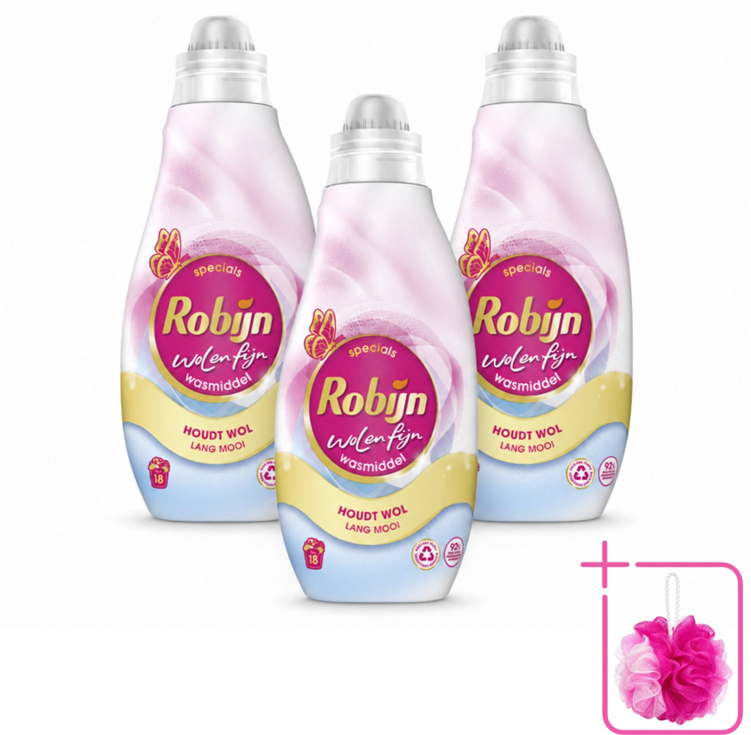 3 x Robijn Specials - Wol & Fijn - Vloeibaar Wasmiddel - 18 Wasbeurten - Bulkverpakking - Wasmiddel Wol en Zijde - Douchemop - Fijne was beschermers