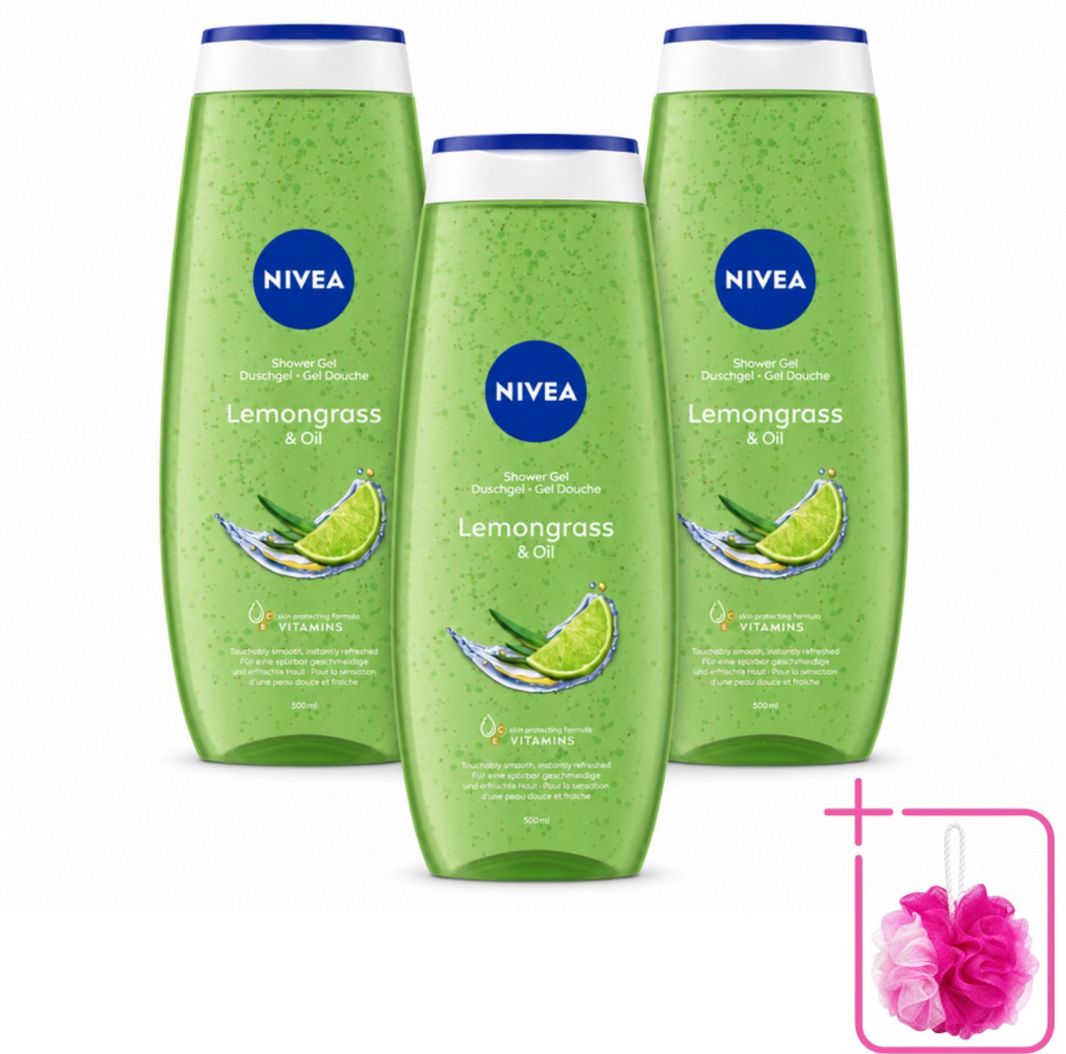 3 x NIVEA - Douchegel - Citroengras & Olieverzorging - Glad & Verfrissend Huidgevoel - 500 ml - Bulkverpakking - Douchegel - Douchemop - Natuurlijke oliën