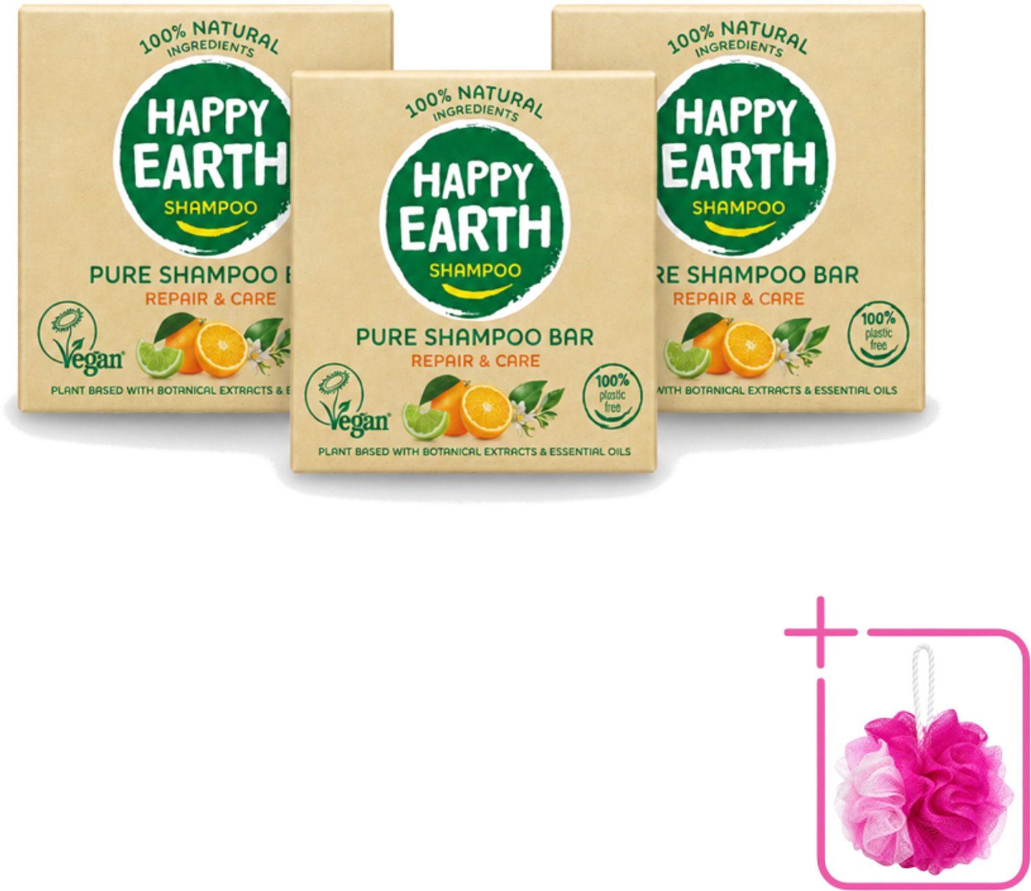 3 x Happy Earth – Shampoo Bar – 100% Natuurlijk Repair & Care – 70 g - Bulkverpakking - Shampoo bar - Douchemop - Droog haar