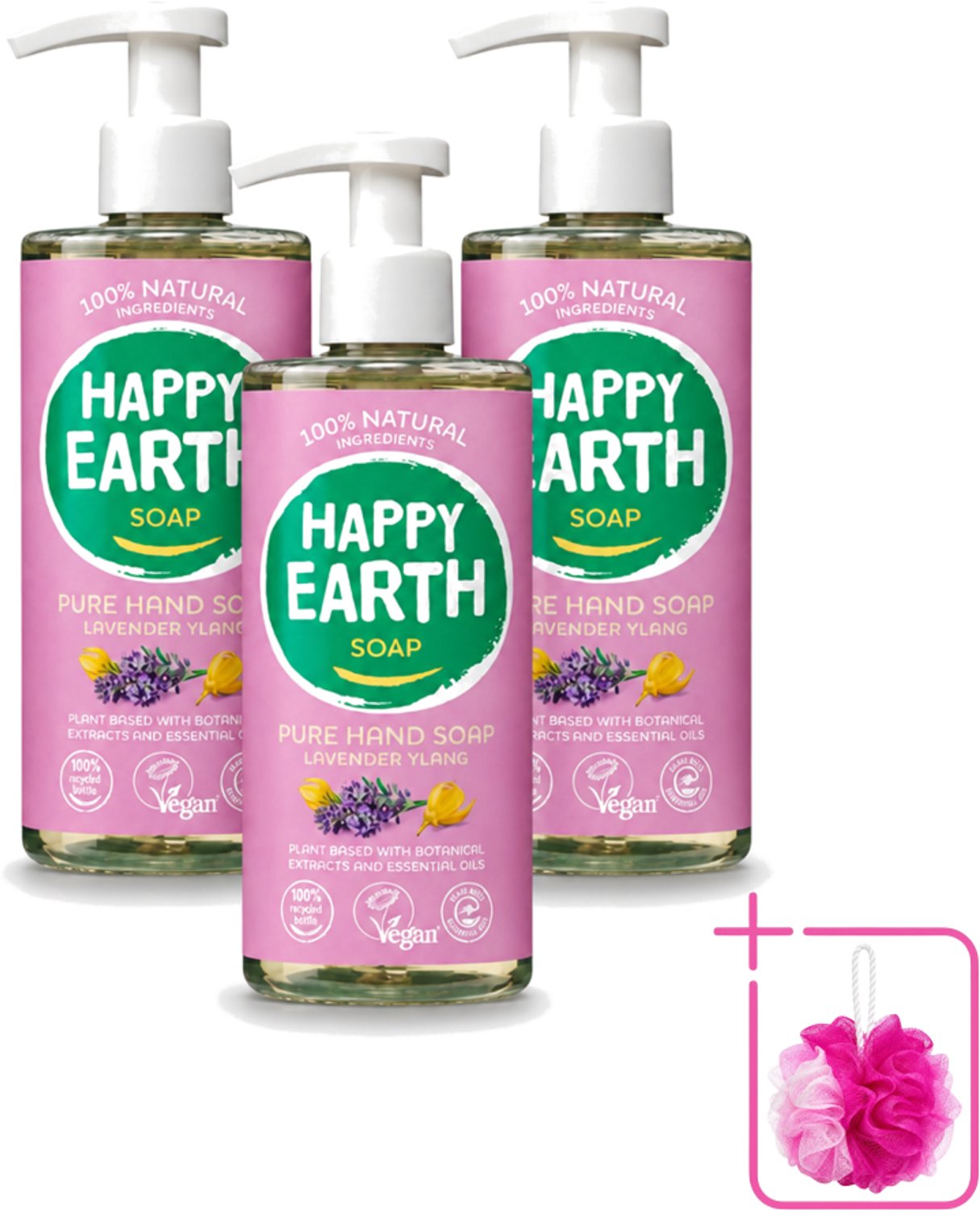 3 x Happy Earth – Handzeep – 100% Natuurlijk Lavender Ylang – 300 ml - Bulkverpakking - Natuurlijke handzeep - Douchemop - Vegan handzeep