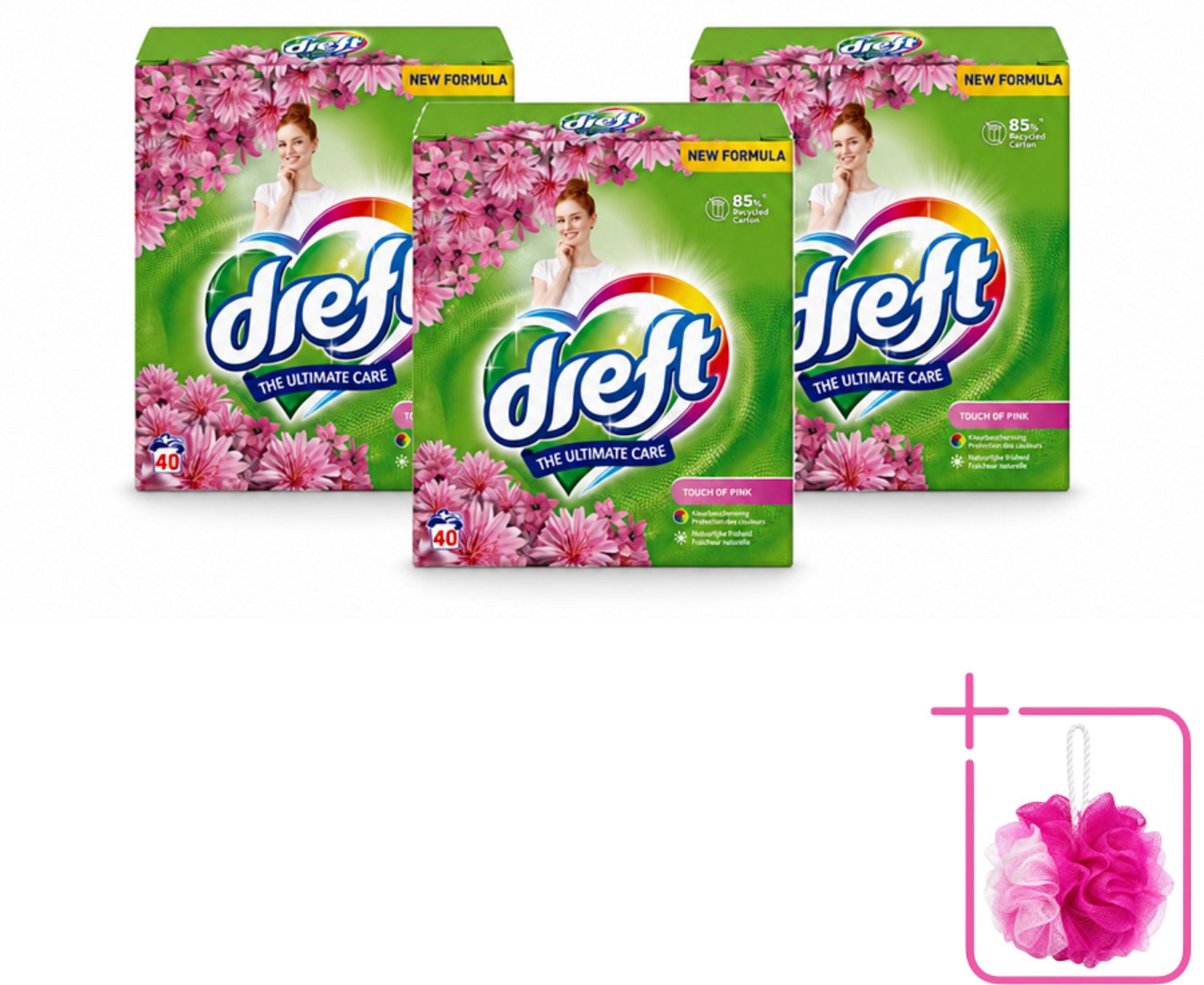 3 x Dreft – Touch Pink – Poeder Wasmiddel – 2,6 kg – 40 wasbeurten - Bulkverpakking - Wasmiddel poeder - Douchemop - Wasmiddel voor kleding