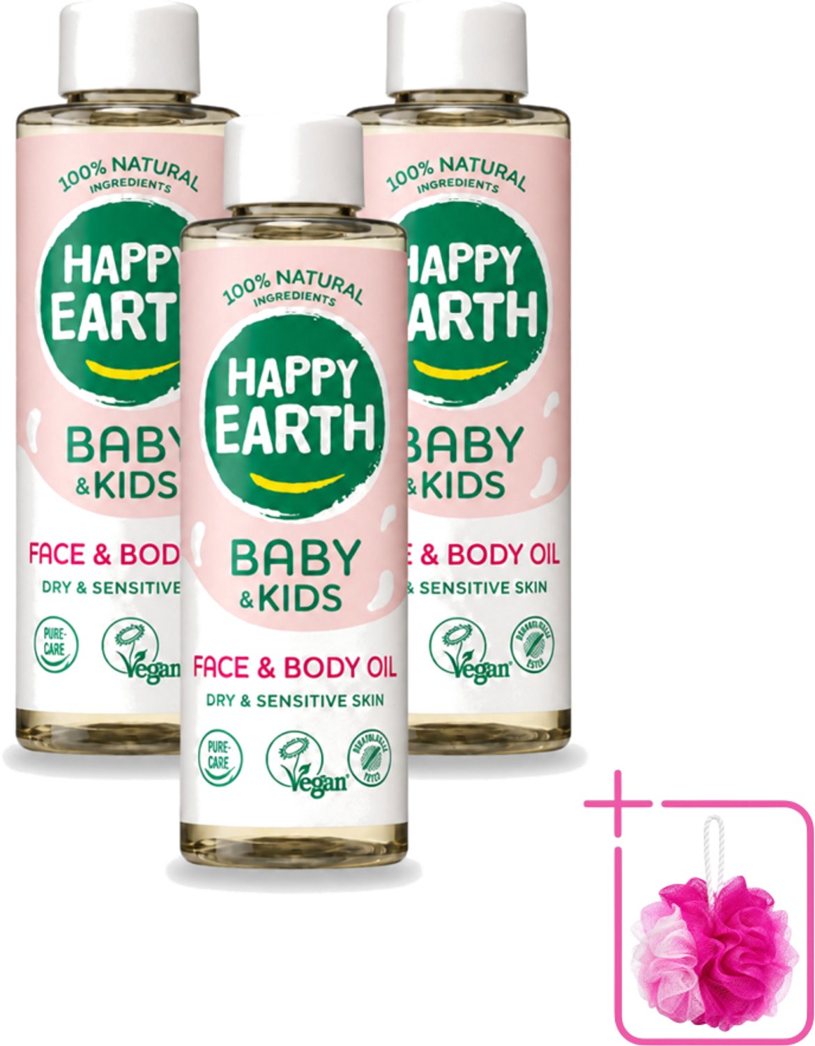 3 x Happy Earth – Face & Body Oil – 100% Natuurlijk Baby & Kids – 150 ml - Bulkverpakking - Babyolie - Douchemop - Gezichtsolie