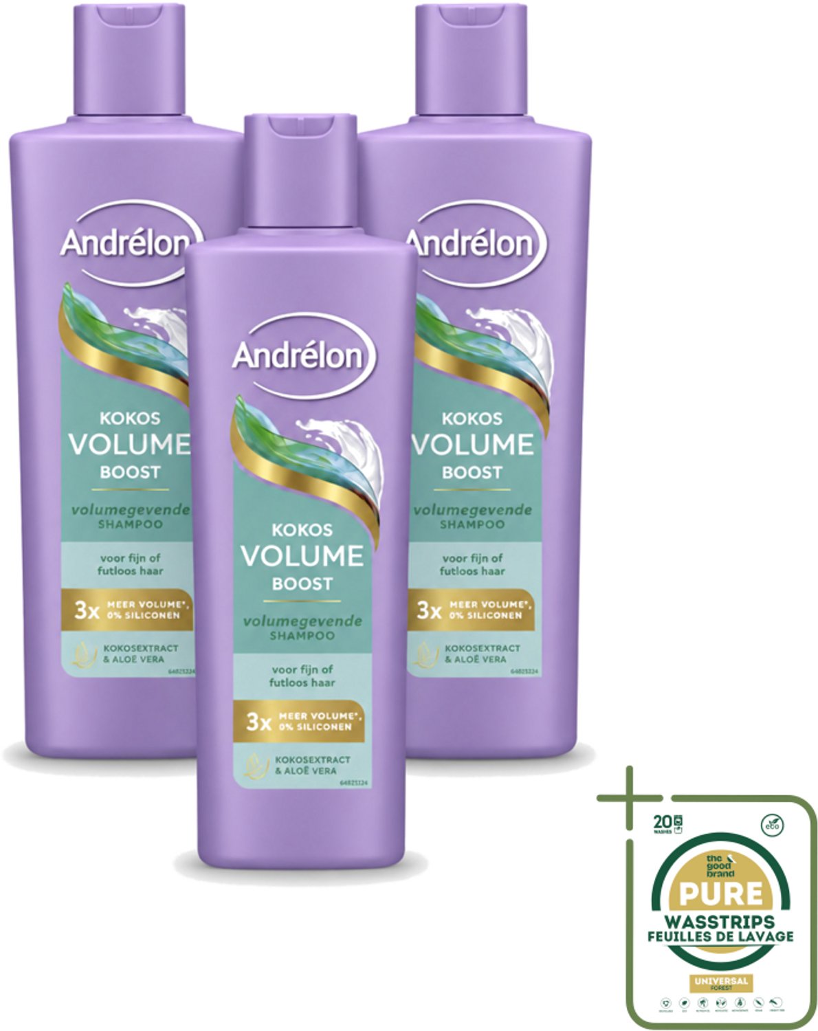 3 x Andrélon – Shampoo – Volume Boost – 250 ml - Wasstrips - Haar Volume - Volume Shampoo - Kokos Shampoo - Aloë Vera Shampoo - Fijn Haar