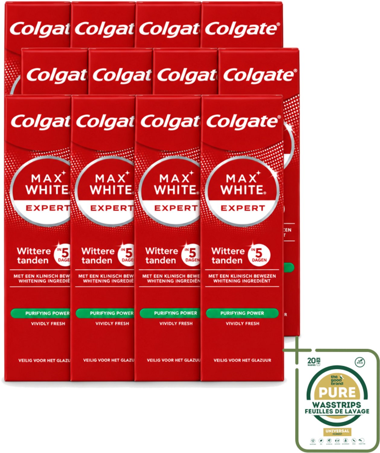 12 x Colgate – Max White Expert Purifying Power – Tandpasta – 75 ml - Wasstrips - Witte Tanden - Tandpasta - Whitening - Waterstofperoxide - Vlekken Verwijderen