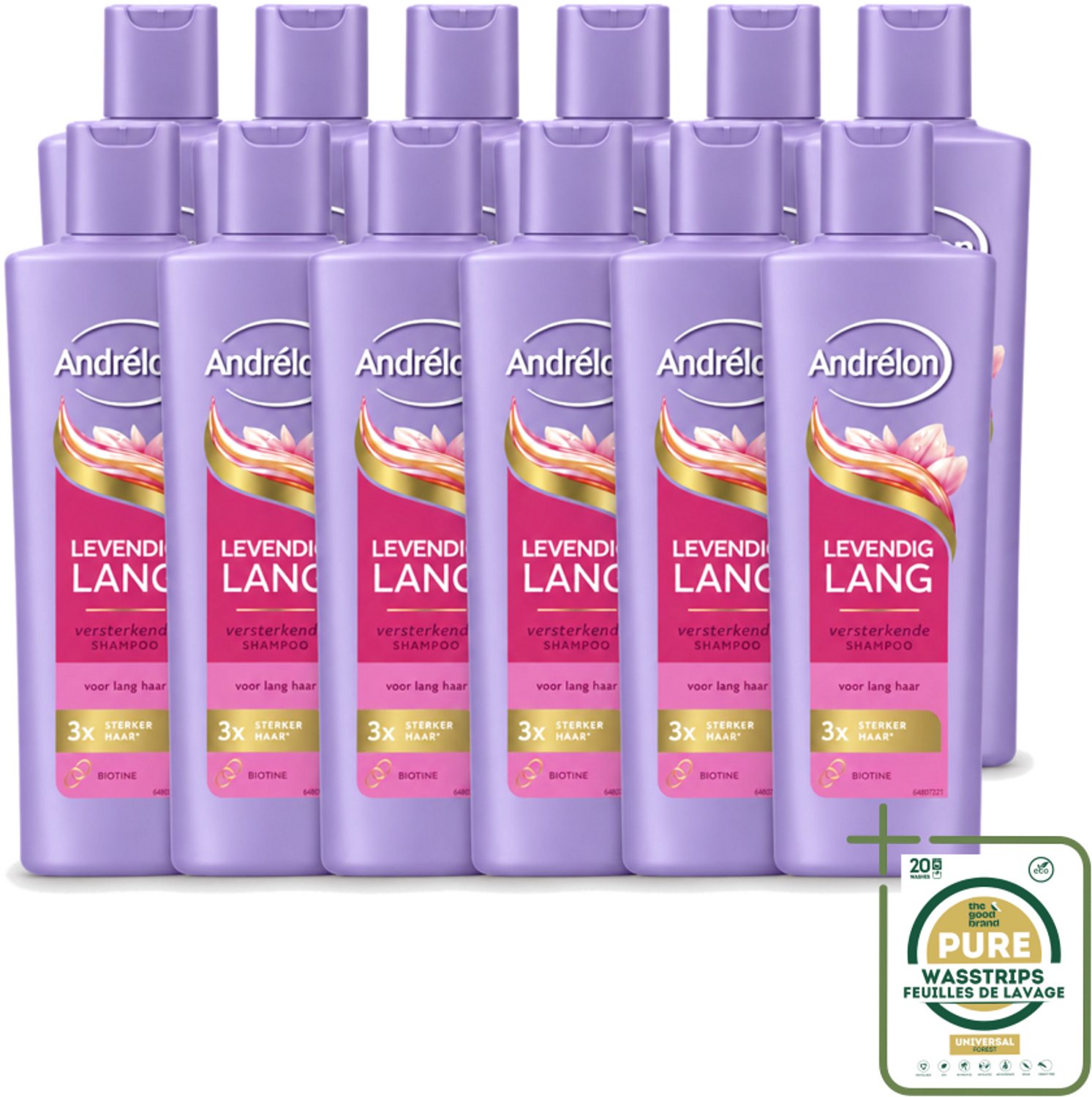12 x Andrélon – Shampoo – Levendig Lang – 250 ml - Wasstrips - Haarversterken - Lang Haar Verzorgen - Biotine Shampoo - Haarbreuk Voorkomen - Gezond Haar