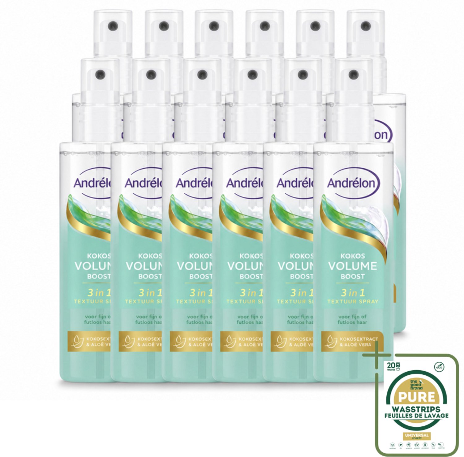 12 x Andrélon – Textuur Spray 3-in-1 – Kokos Volume Boost – 150 ml - Wasstrips - Haarspray - Volume - Textuur - Haarstructuur - Glans