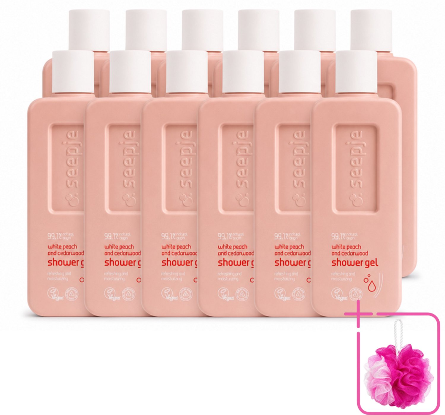 12 x Seepje - Douchegel - Natuurlijke Geur - Witte Perzik en Cederhout - 300 ml - Bulkverpakking - Douchegel - Douchemop - Natuurlijke douchegel