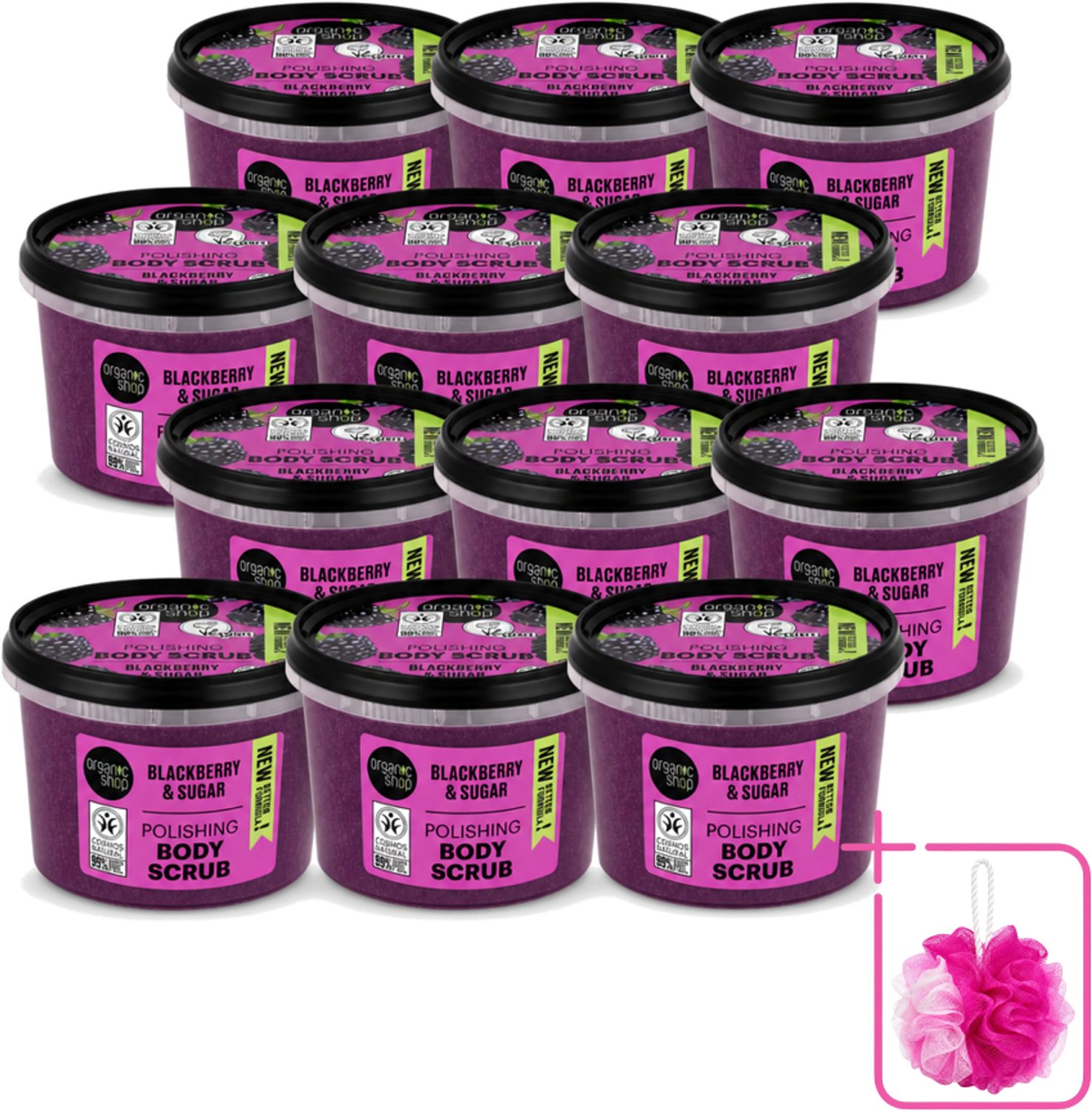 12 x Organic Shop - Body Scrub Blackberry - Verfrissend en Hydraterend - 250 ml - Bulkverpakking - Bodyscrub - Douchemop - Exfoliatie