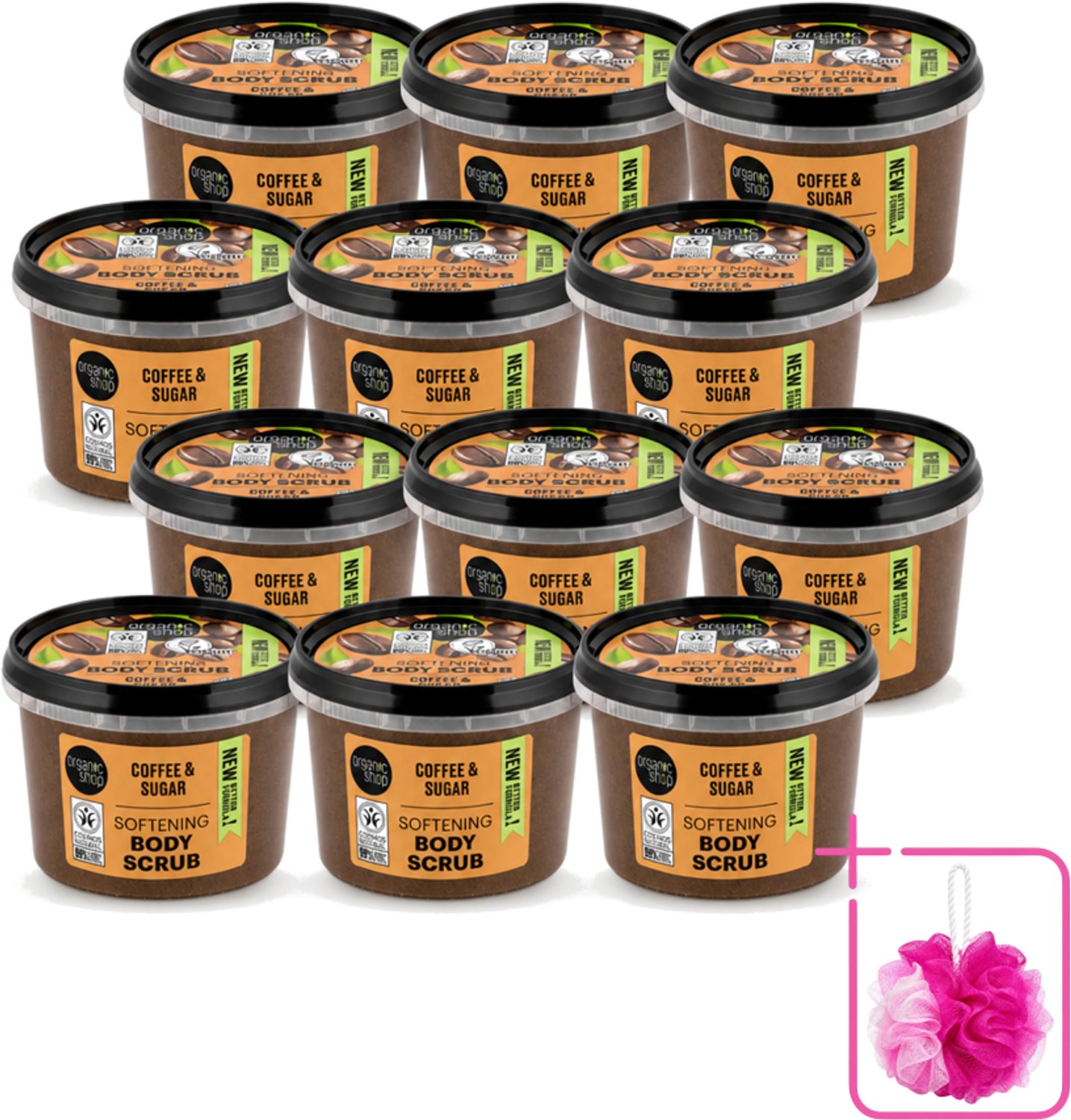 12 x Organic Shop - Organic Coffee & Sugar Body Scrub - Hydraterend en Peeling - 250 ml - Bulkverpakking - Bodyscrub - Douchemop - Natuurlijke peeling