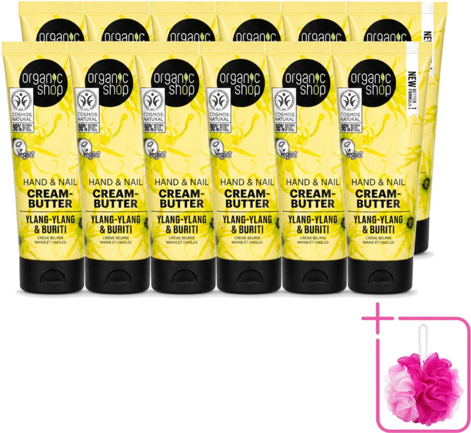 12 x Organic Shop - Ylang-Ylang & Buriti Hand & Nail Cream - Verzachtend en Herstellend - 75 ml - Bulkverpakking - Handcrème - Douchemop - Nagelcrème