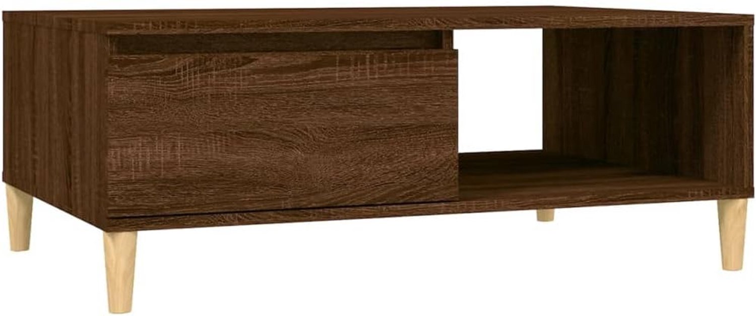 Scandinavische salontafel in bruin eikenlook met legplanken, 90 x 60 x 35 cm, houtmateriaal, stabiele bijzettafel voor de woonkamer