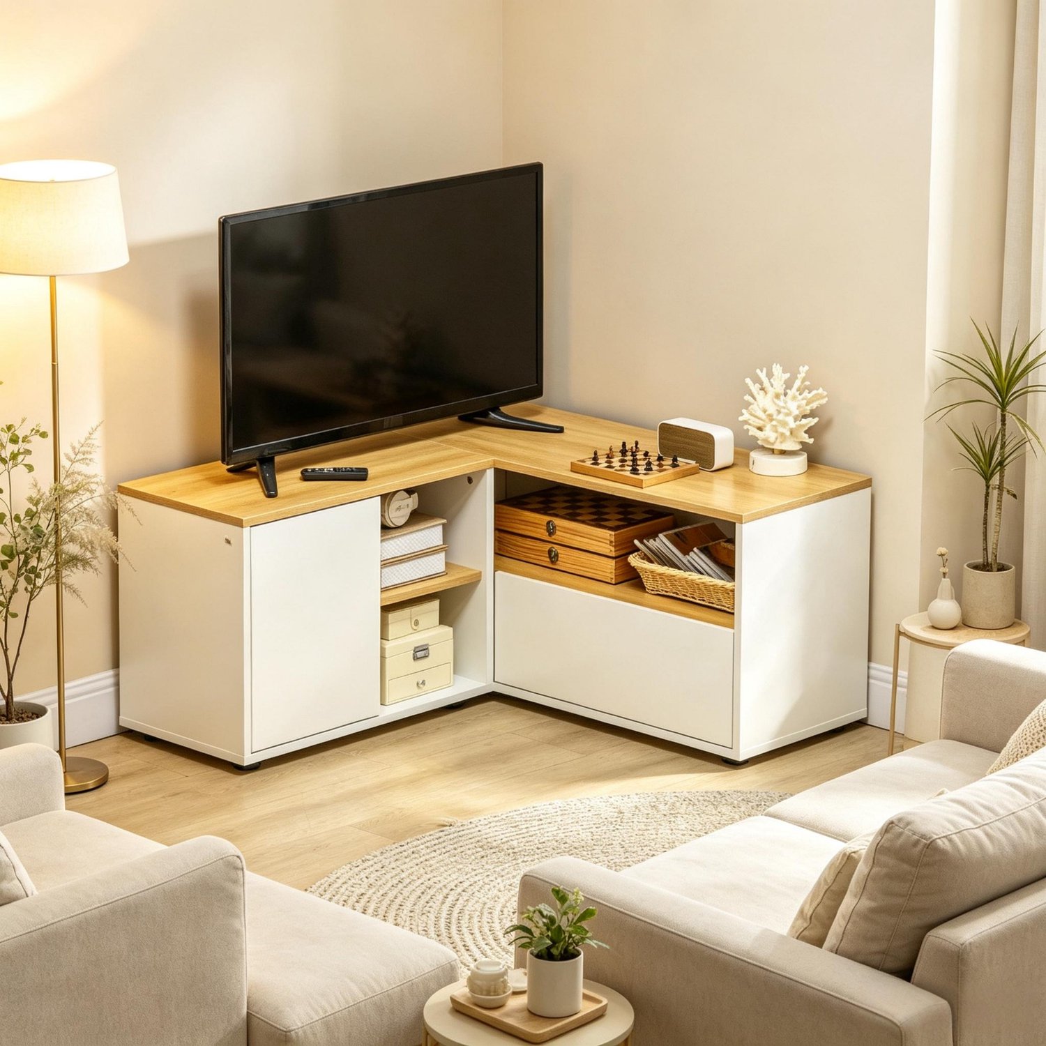Clruro TV-Meubel - 90×90×45 cm - L-Vorm - 2 Deuren en 3 Open Vakken - Spaanplaat - Wit/Naturel Wit, Hout