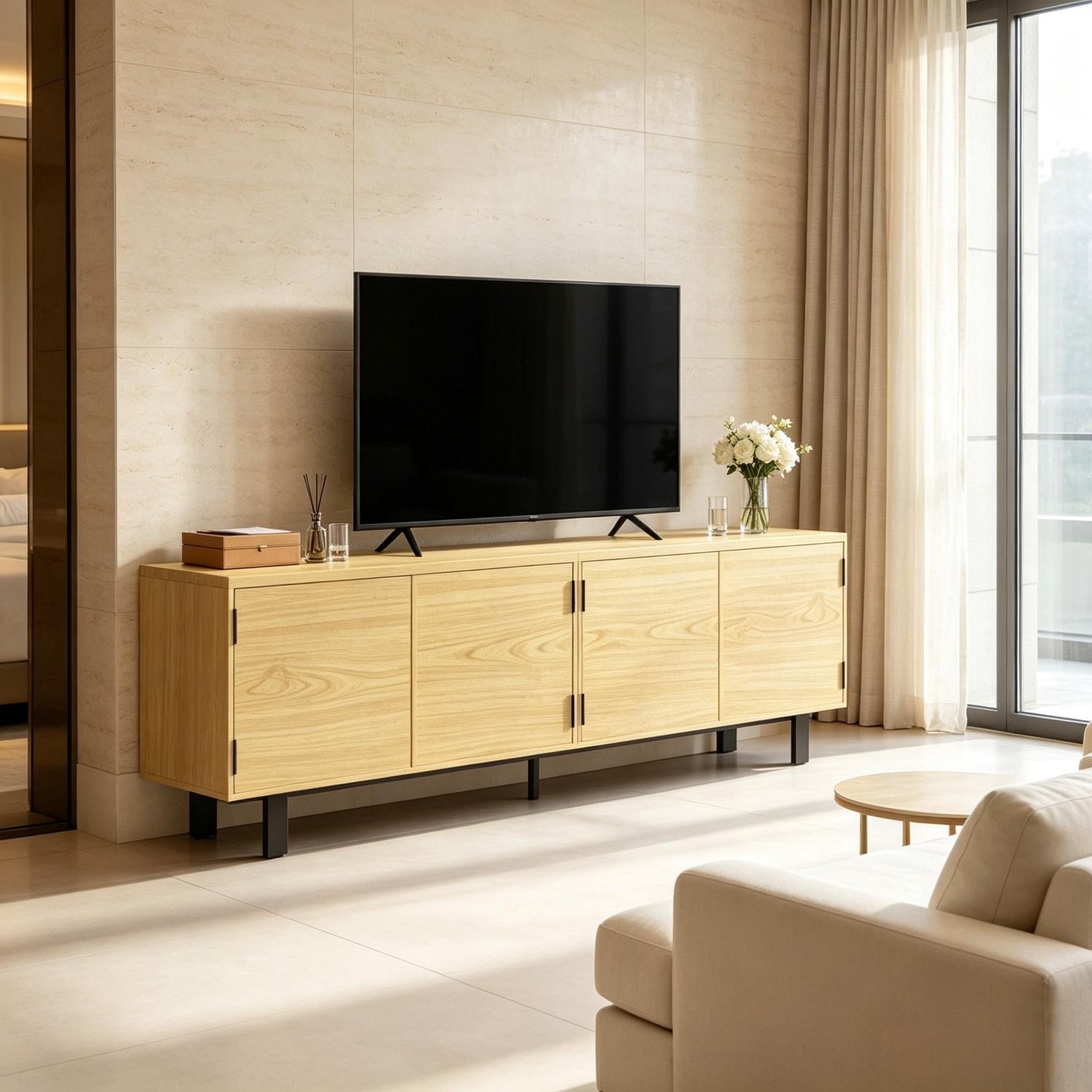 Clruro TV-Meubel - 180×35×55,5 cm - 4 Push-to-Open Deuren - Spaanplaat/Metaal - Naturel