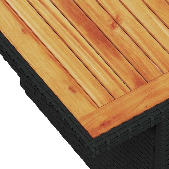 Close-up van het houten tafelblad met zwarte poly rattan rand.