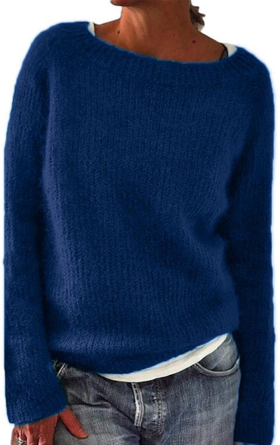 Trui Dames Effen Basic Gebreid Lang Mouw-Blauw-L