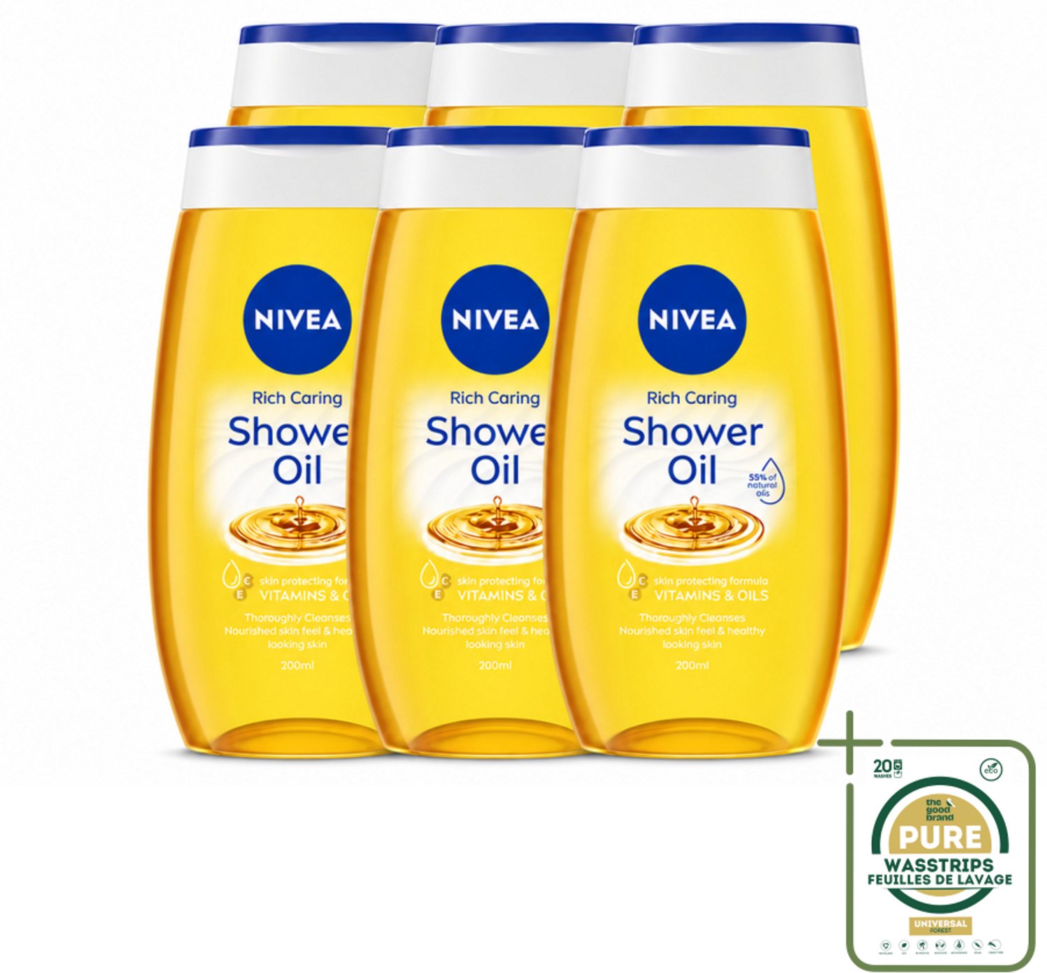 6 x NIVEA - Doucheolie - Natuurlijke Doucheolie - 200 ml - Wasstrips - Doucheolie - Natuurlijke Doucheolie - Huid Verzorging - Zachte Huid - Hydraterende Olie