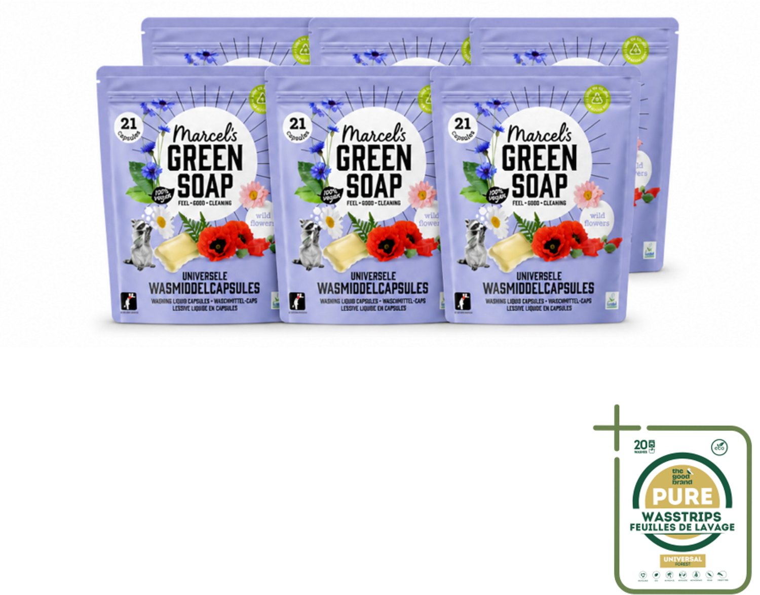 6 x Marcel's Green Soap - Wascapsules - Wilde Bloemen - Gemak in één dosis - 21 Capsules - Wasstrips - Wasmiddel - Wascapsules - Wilde Bloemen - Natuurlijke Geur - Vegan Wasmiddel