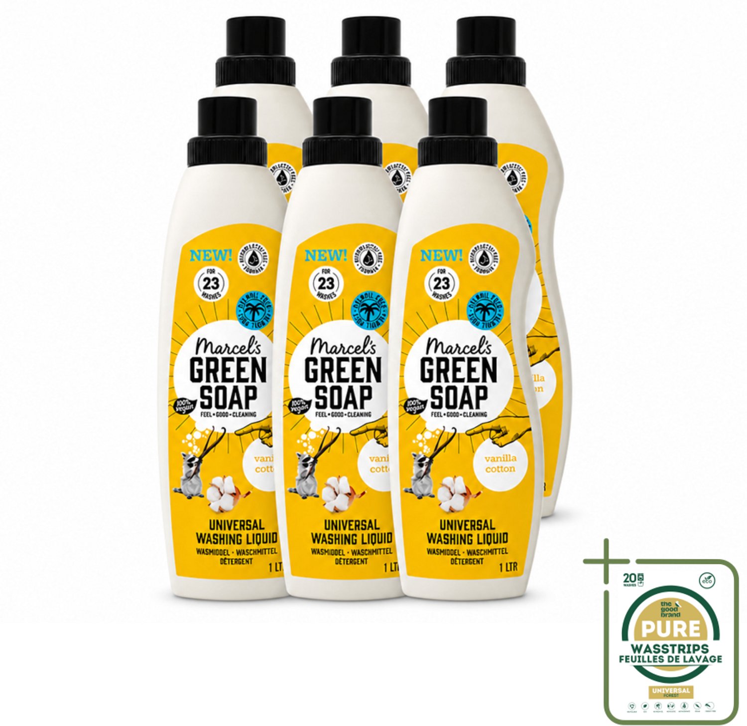 6 x Marcel's Green Soap - Vloeibaar Wasmiddel - Katoen & Vanille - Effectief & natuurlijk - 23 Wasbeurten - 1 Liter - Wasmiddel Katoen En Vanille - Natuurlijk Wasmiddel - Milieuvriendelijk Wasmiddel - Zeep Wasmiddel - Wasmiddel Voor Kleding