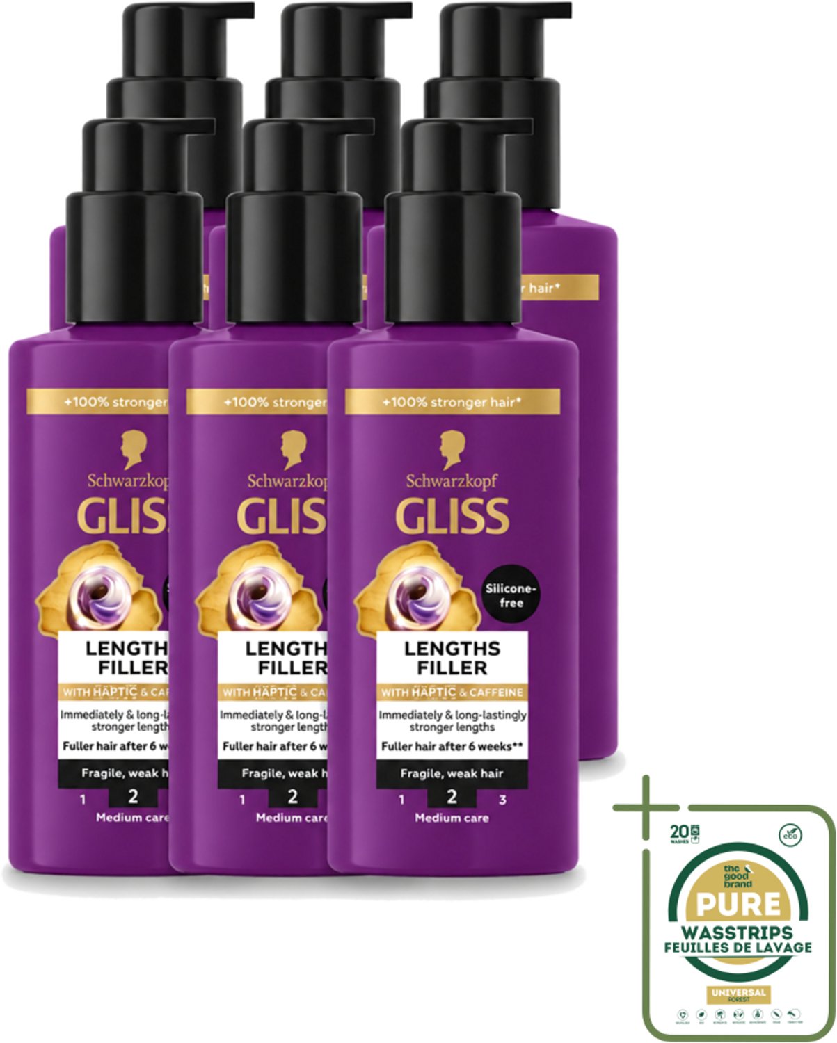 6 x Gliss - Haarserum - Lengths Filler - Siliconenvrij met Cafeïne - Voor Sterker Haar - 100 ml - Wasstrips - Haarserum - Sterker Haar - Haarversterking - Haarbreuk Voorkomen - Cafeïne Haarserum
