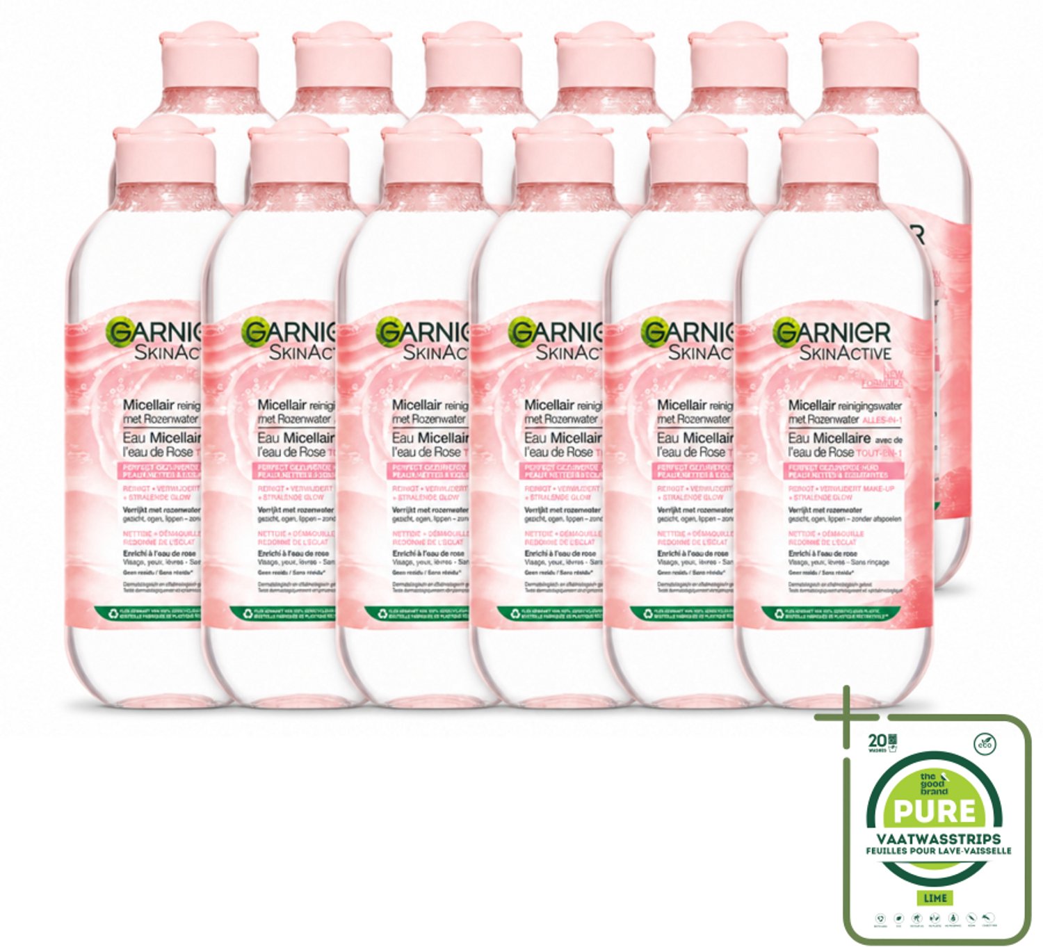 12 x Garnier - SkinActive - Micellair Reinigingswater - Rozenwater - Stralende Huid - 400 ml - Grootverpakking - Vaatwasstrips - Micellair Reinigingswater - Rozenwater - Huid Reinigen - Make-up Verwijderen - Stralende Huid