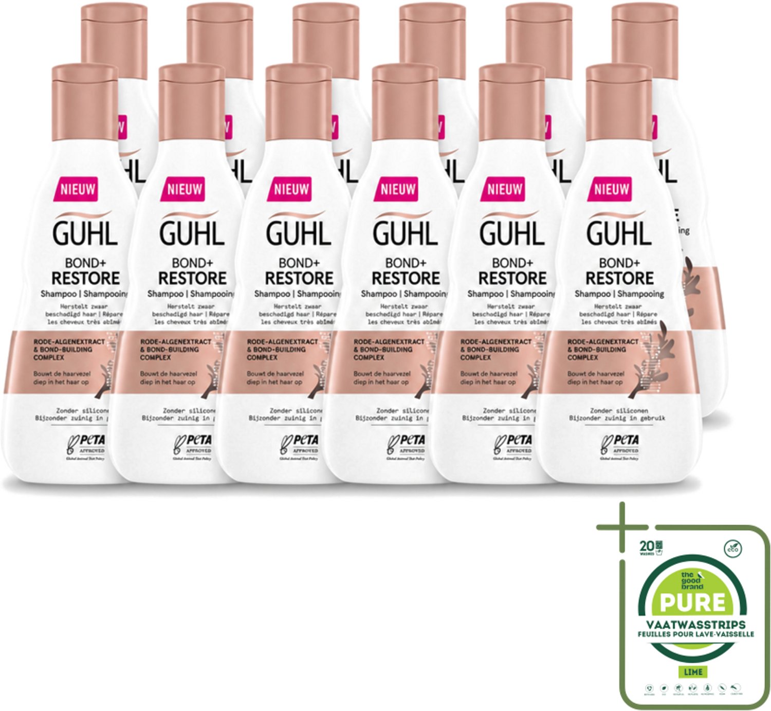 12 x Guhl - Shampoo - Bond+ Restore - 250 ml - Grootverpakking - Vaatwasstrips - Herstel Haar - Beschadigd Haar - Zwaar Beschadigd Haar - Haar Herstellen - Haar Versterken